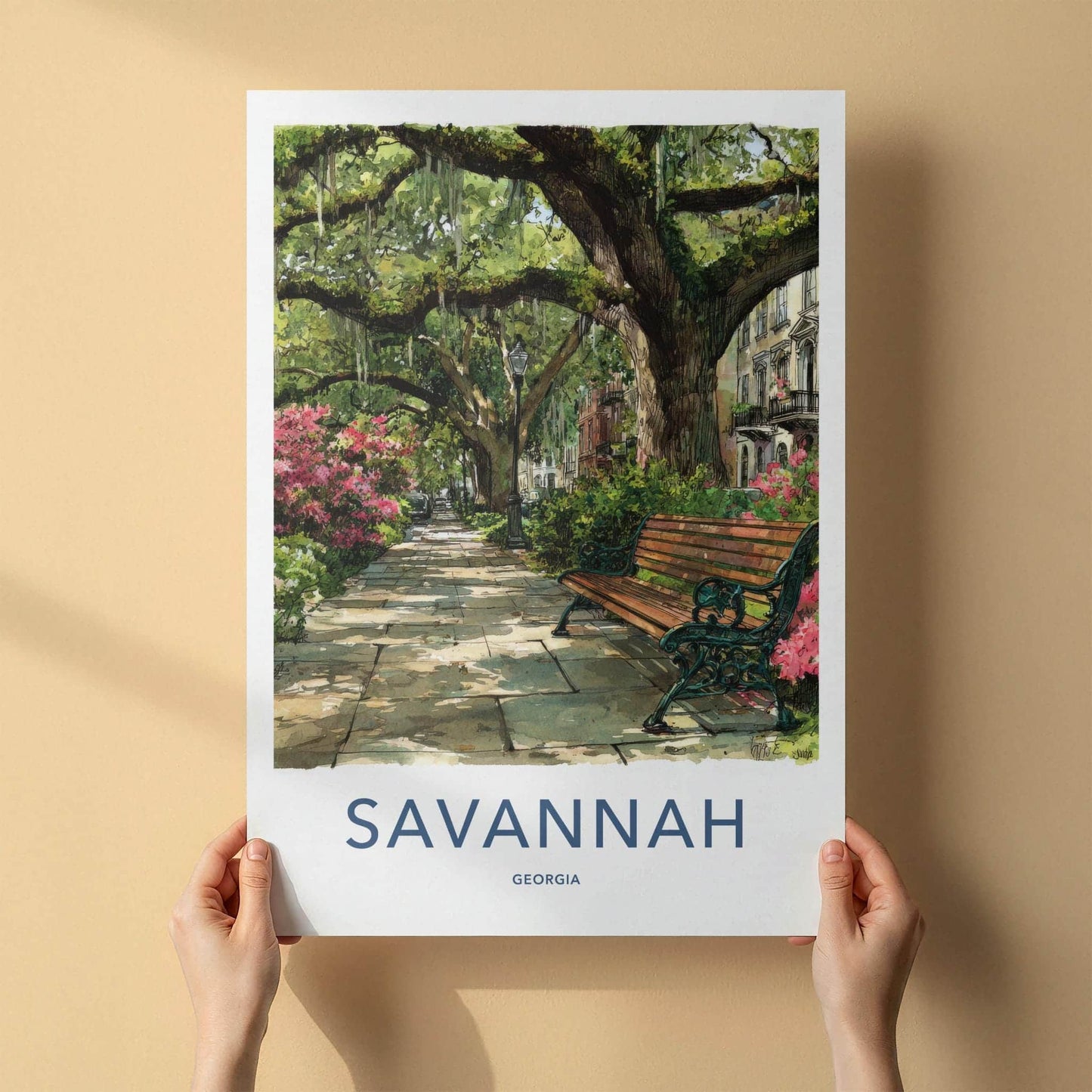 Savannah Poster - Georgia Travel Print - Shaded Pathway Bench Lounge Decor