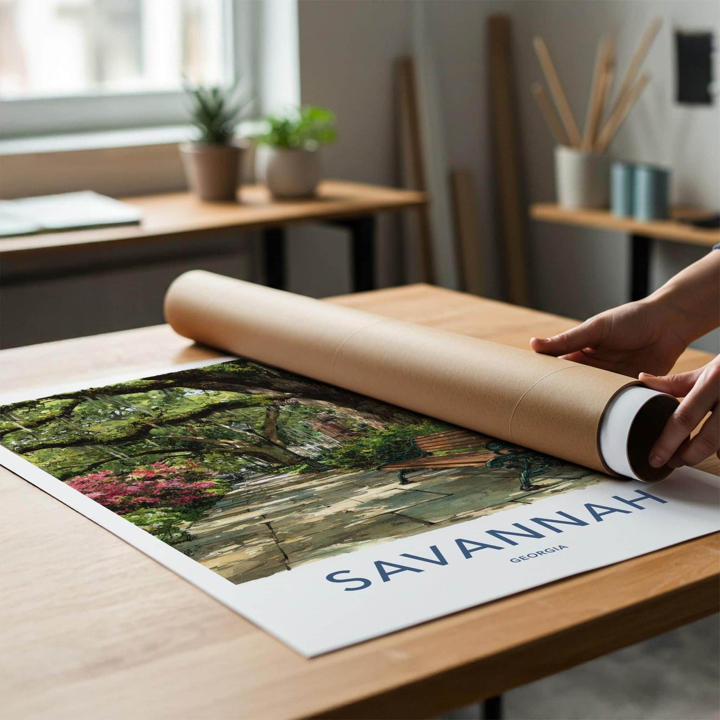 Savannah Poster - Georgia Travel Print - Shaded Pathway Bench Lounge Decor