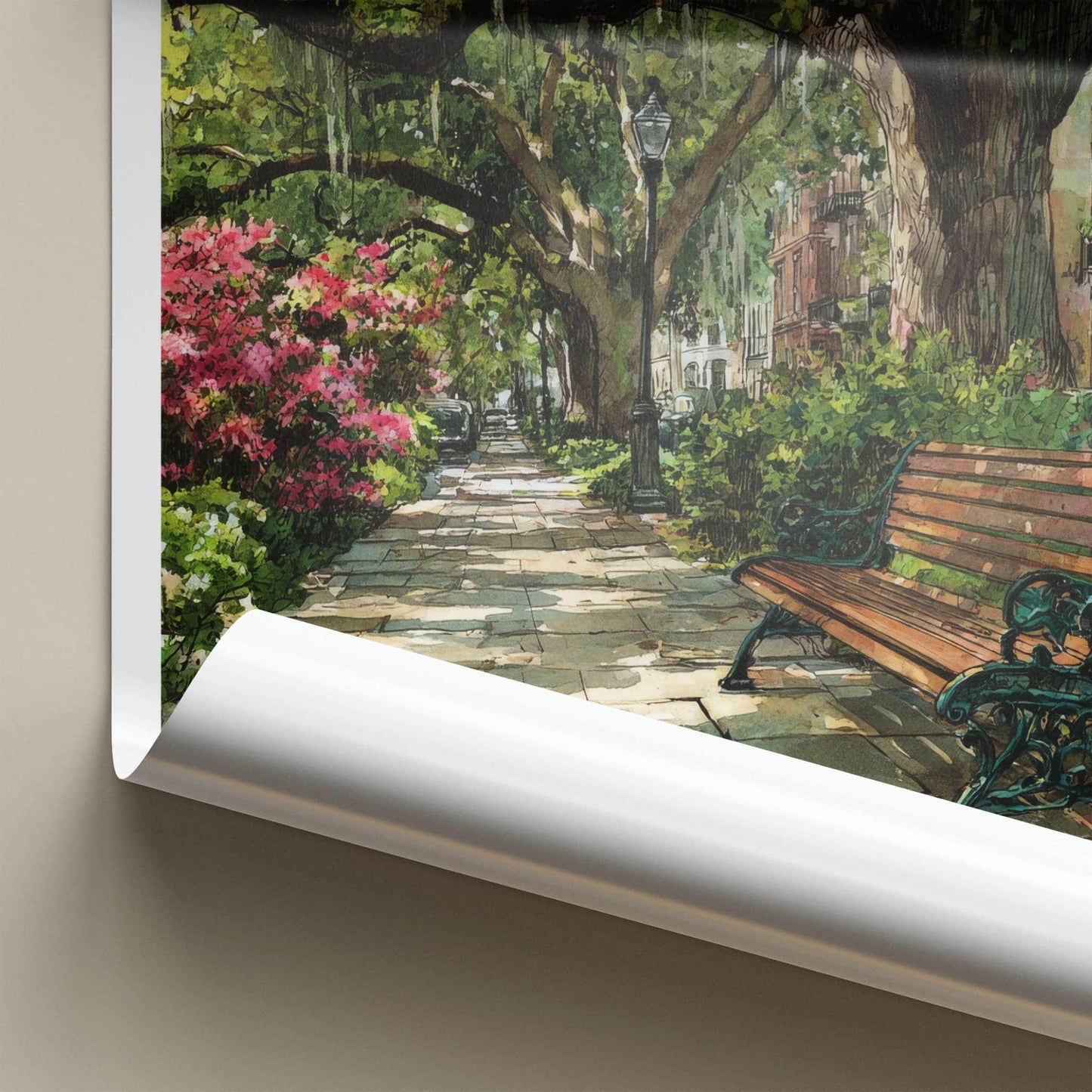 Savannah Poster - Georgia Travel Print - Shaded Pathway Bench Lounge Decor
