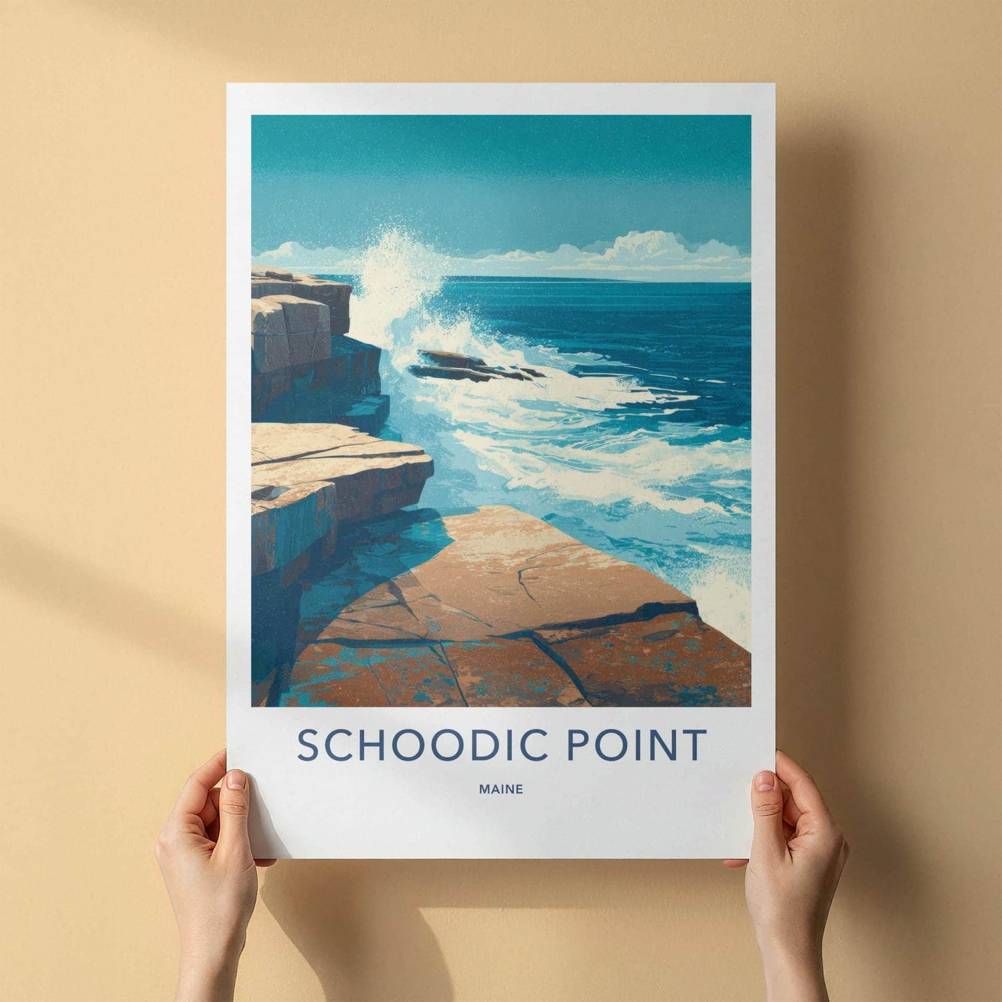 Schoodic Point Poster - Maine Travel Art - Crashing Ocean Waves Wall Decor