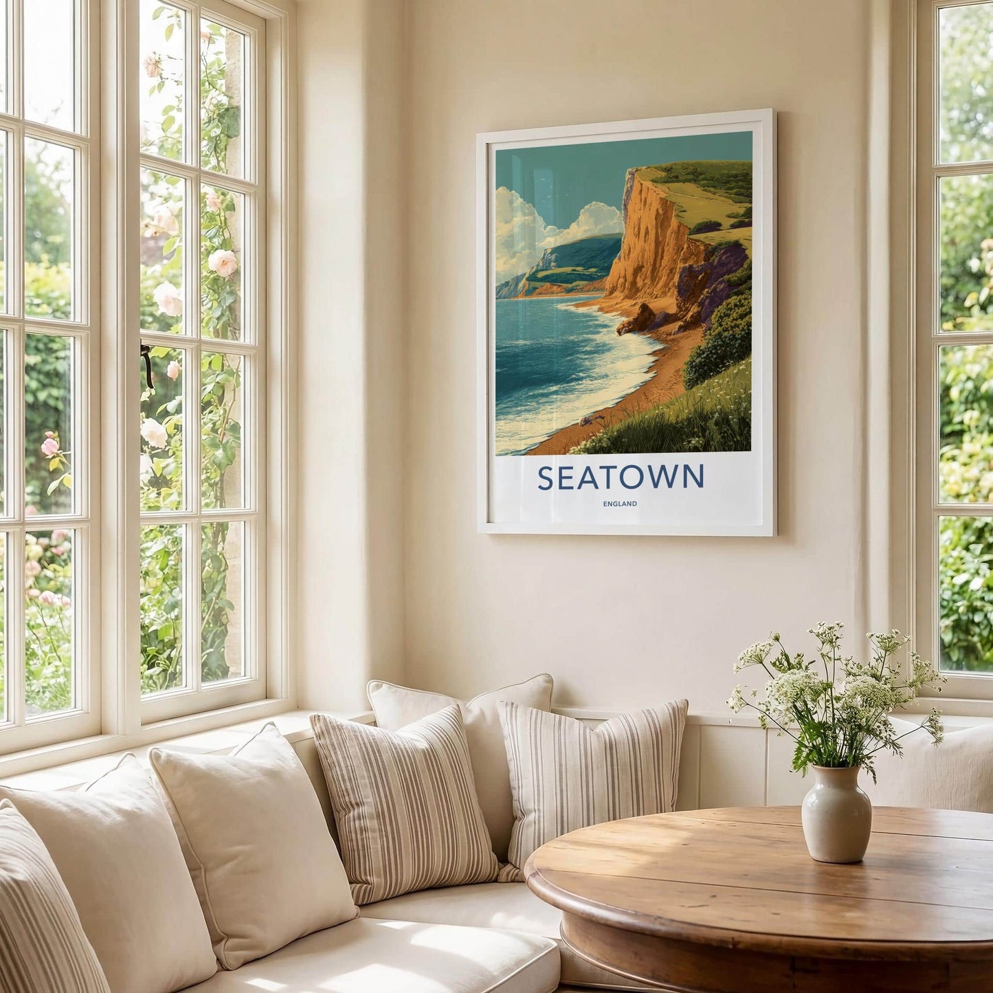 Seatown Poster - England Travel Print - Coastal Cliff Beach Lounge Decor