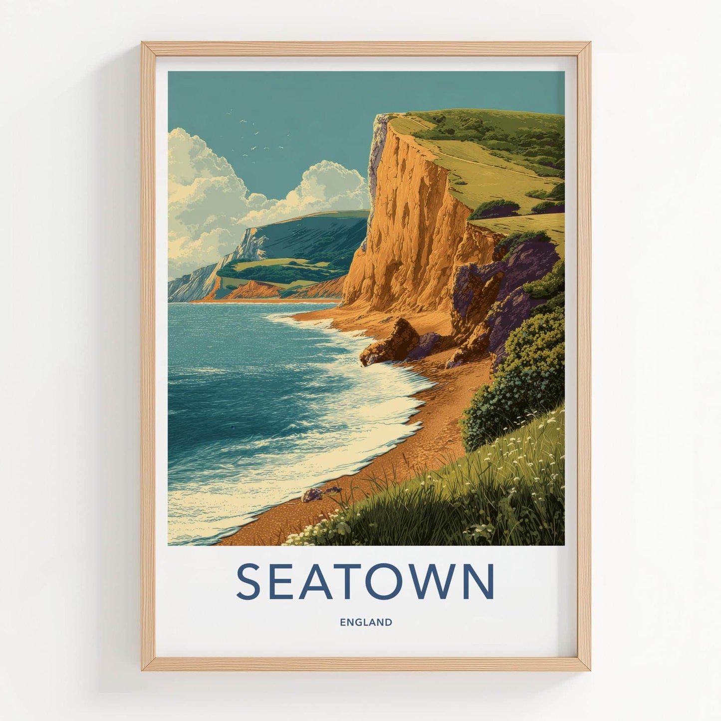 Seatown Poster - England Travel Print - Coastal Cliff Beach Lounge Decor