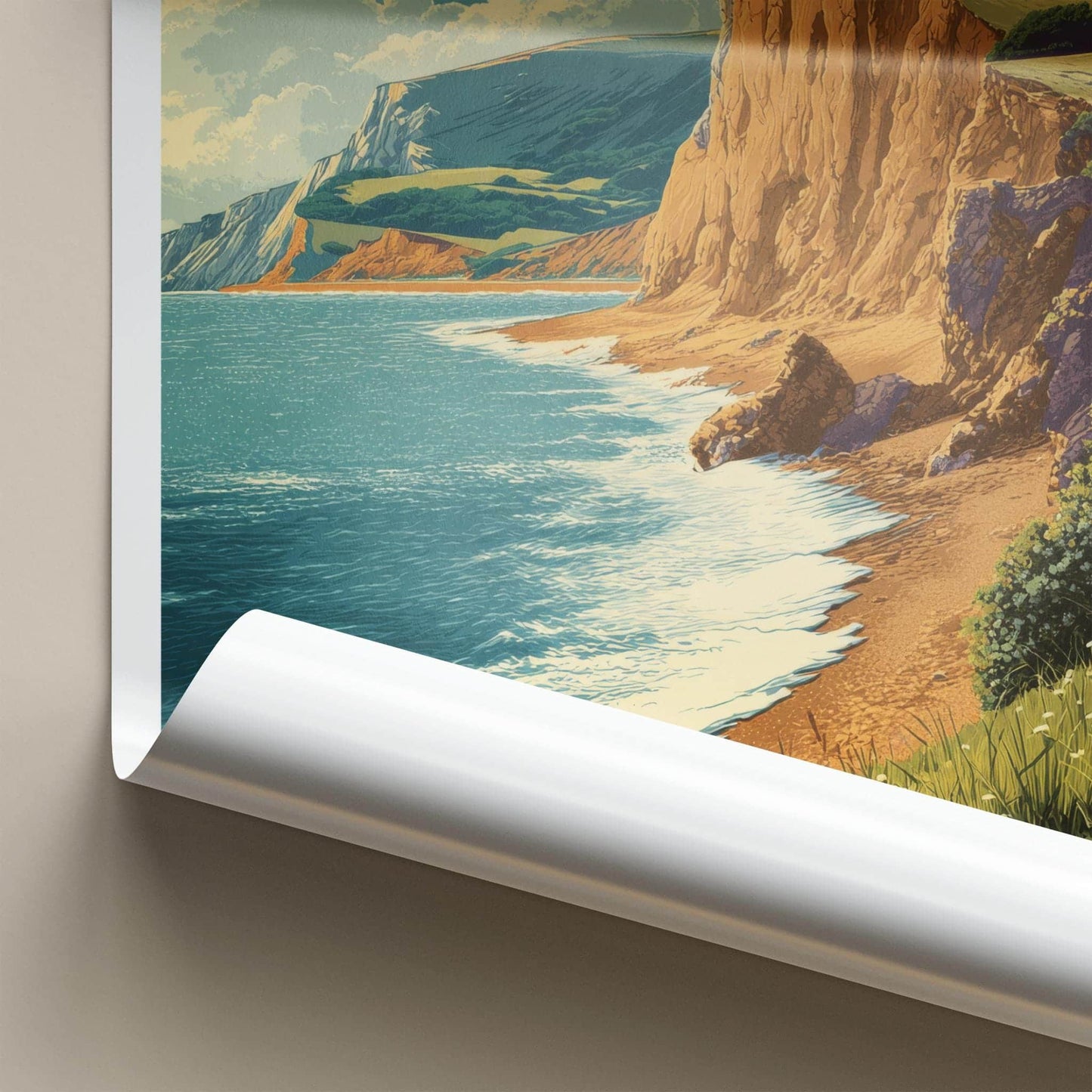 Seatown Poster - England Travel Print - Coastal Cliff Beach Lounge Decor
