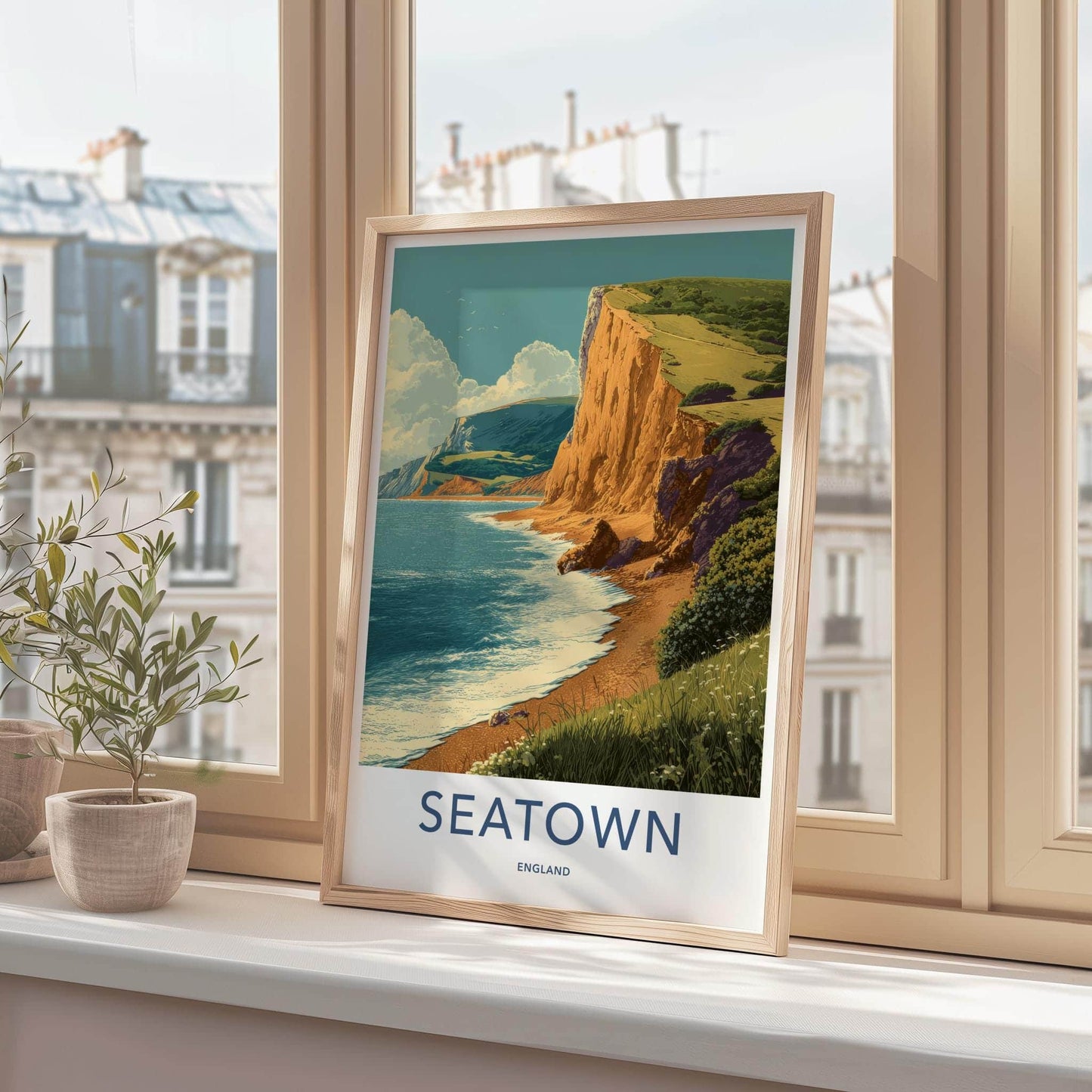 Seatown Poster - England Travel Print - Coastal Cliff Beach Lounge Decor