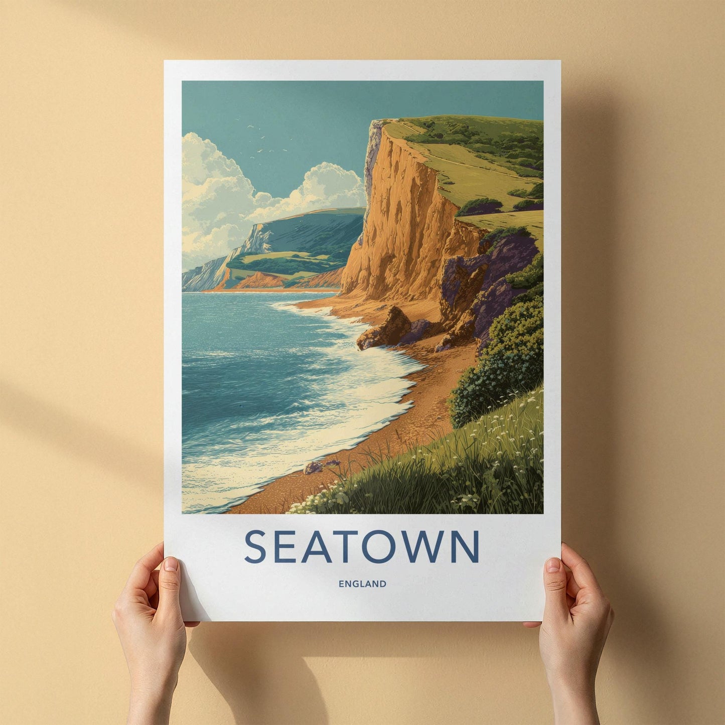 Seatown Poster - England Travel Print - Coastal Cliff Beach Lounge Decor
