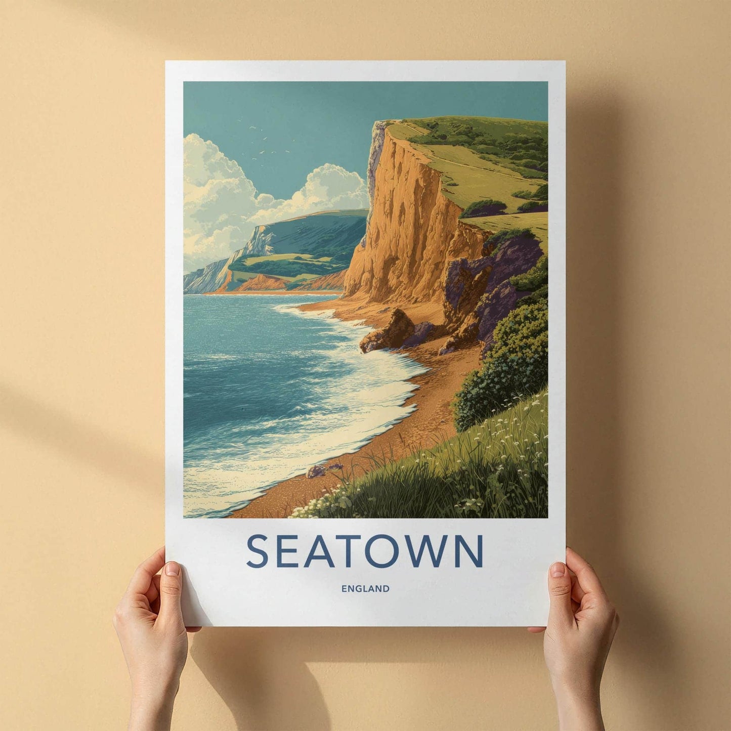 Seatown Poster - England Travel Print - Coastal Cliff Beach Lounge Decor