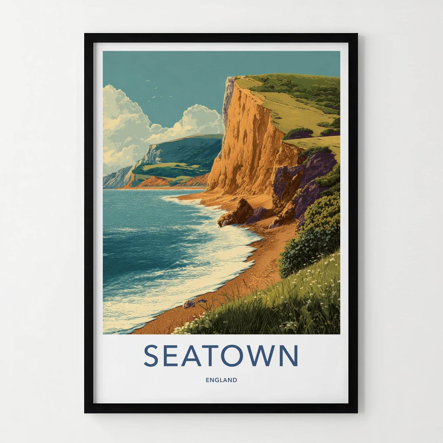 Seatown Poster - England Travel Print - Coastal Cliff Beach Lounge Decor