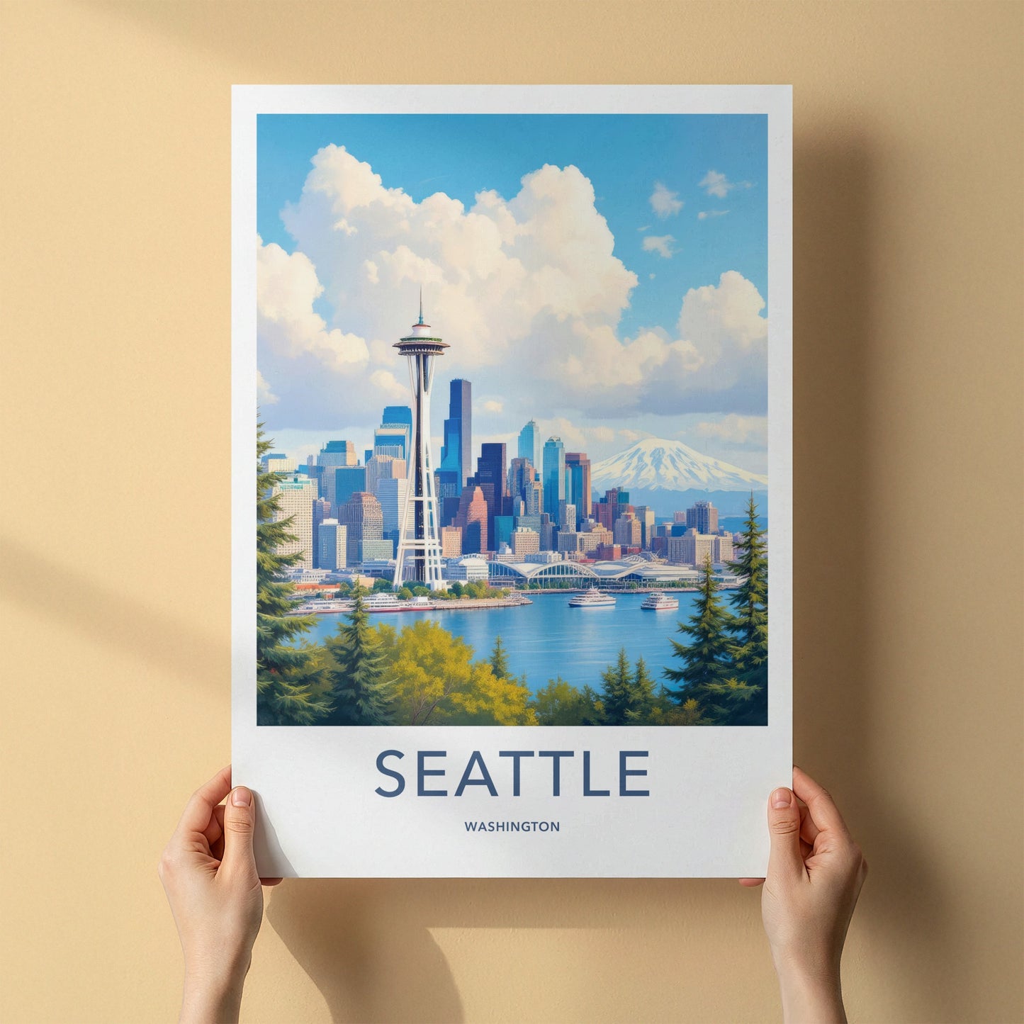 Seattle Poster - Washington Travel Art - Vibrant Cityscape Mountain Home Decor