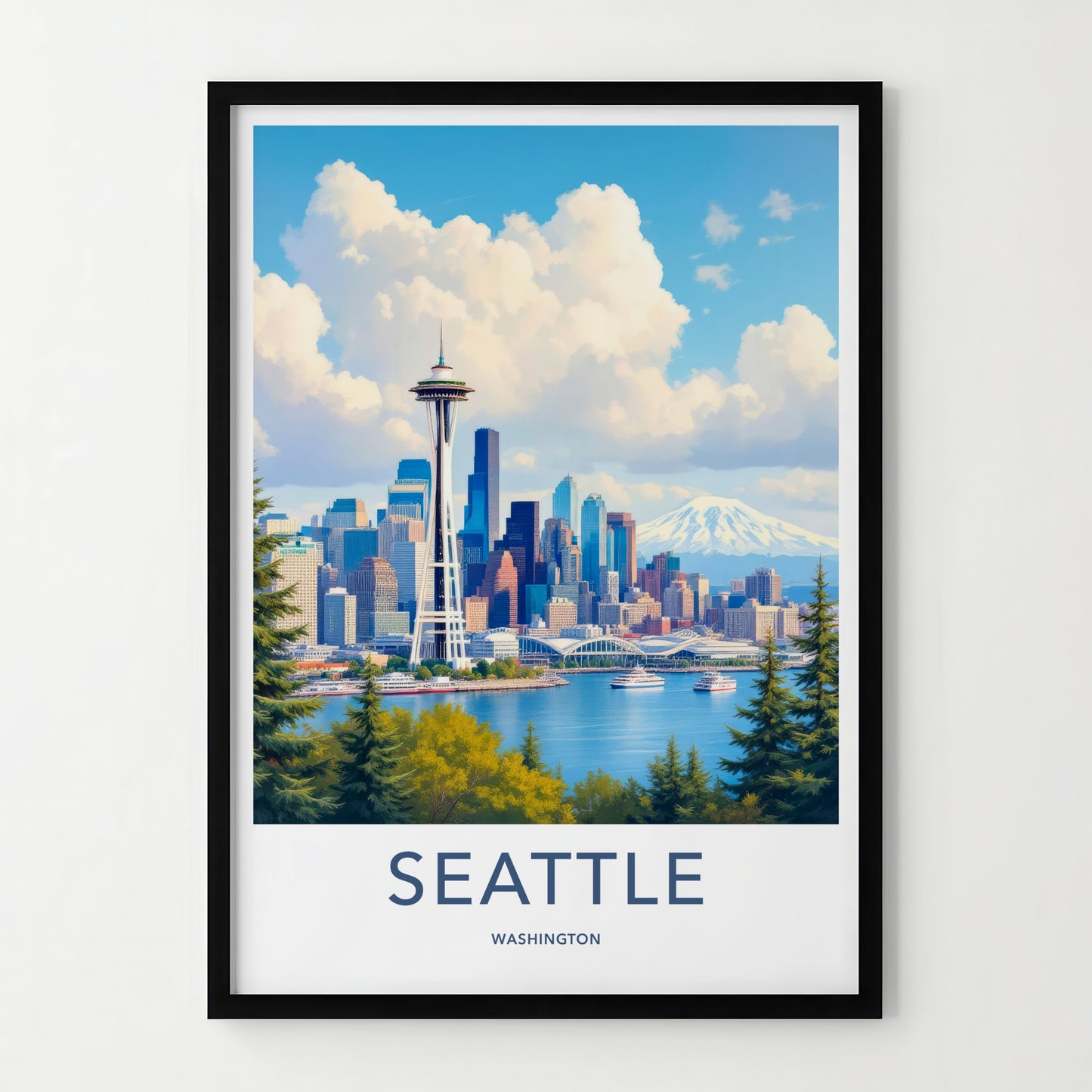 Seattle Poster - Washington Travel Art - Vibrant Cityscape Mountain Home Decor