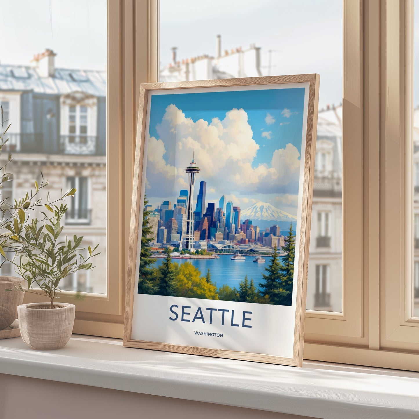 Seattle Poster - Washington Travel Art - Vibrant Cityscape Mountain Home Decor