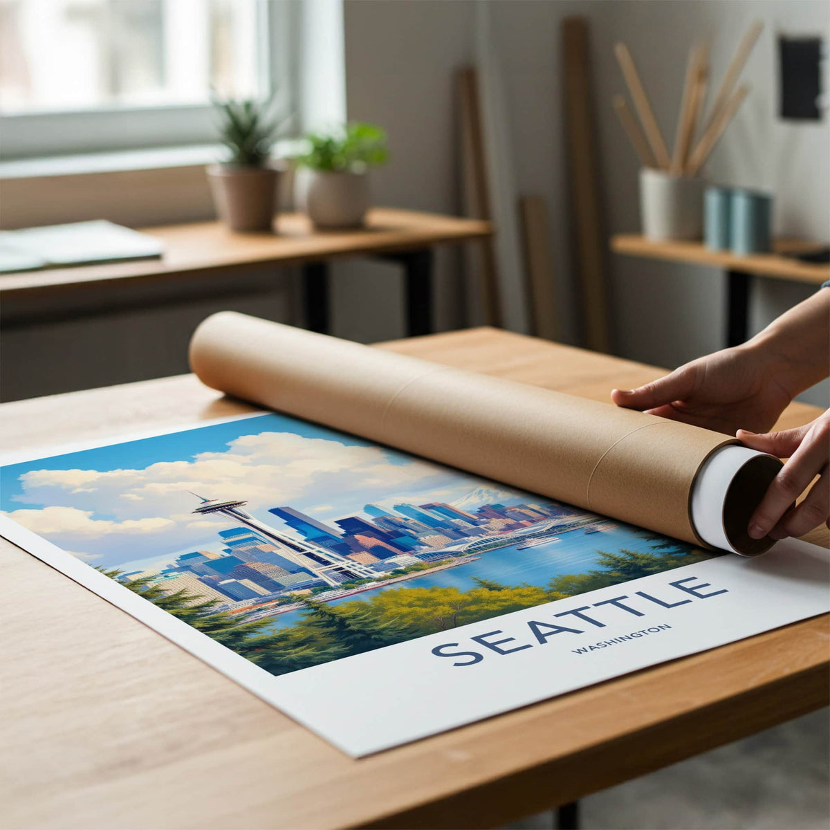 Seattle Poster - Washington Travel Art - Vibrant Cityscape Mountain Home Decor