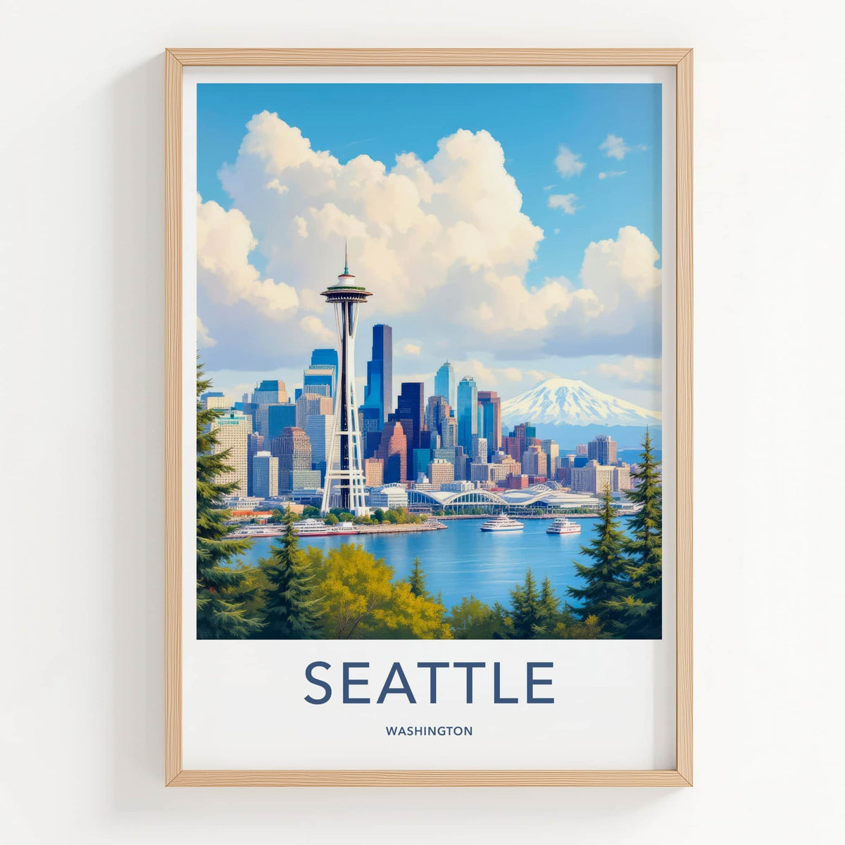 Seattle Poster - Washington Travel Art - Vibrant Cityscape Mountain Home Decor