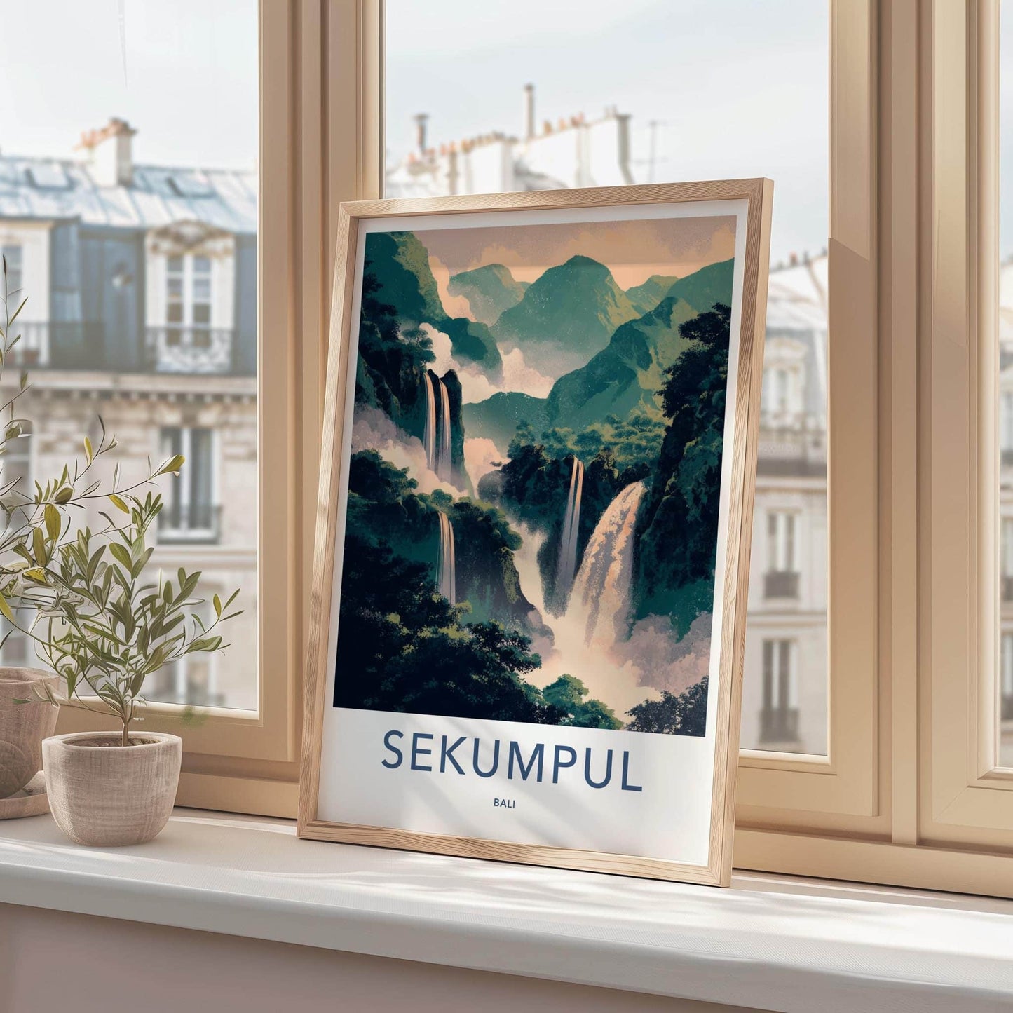 Sekumpul Poster - Indonesia Travel Art - Lush Mountain Waterfalls Wall Decor