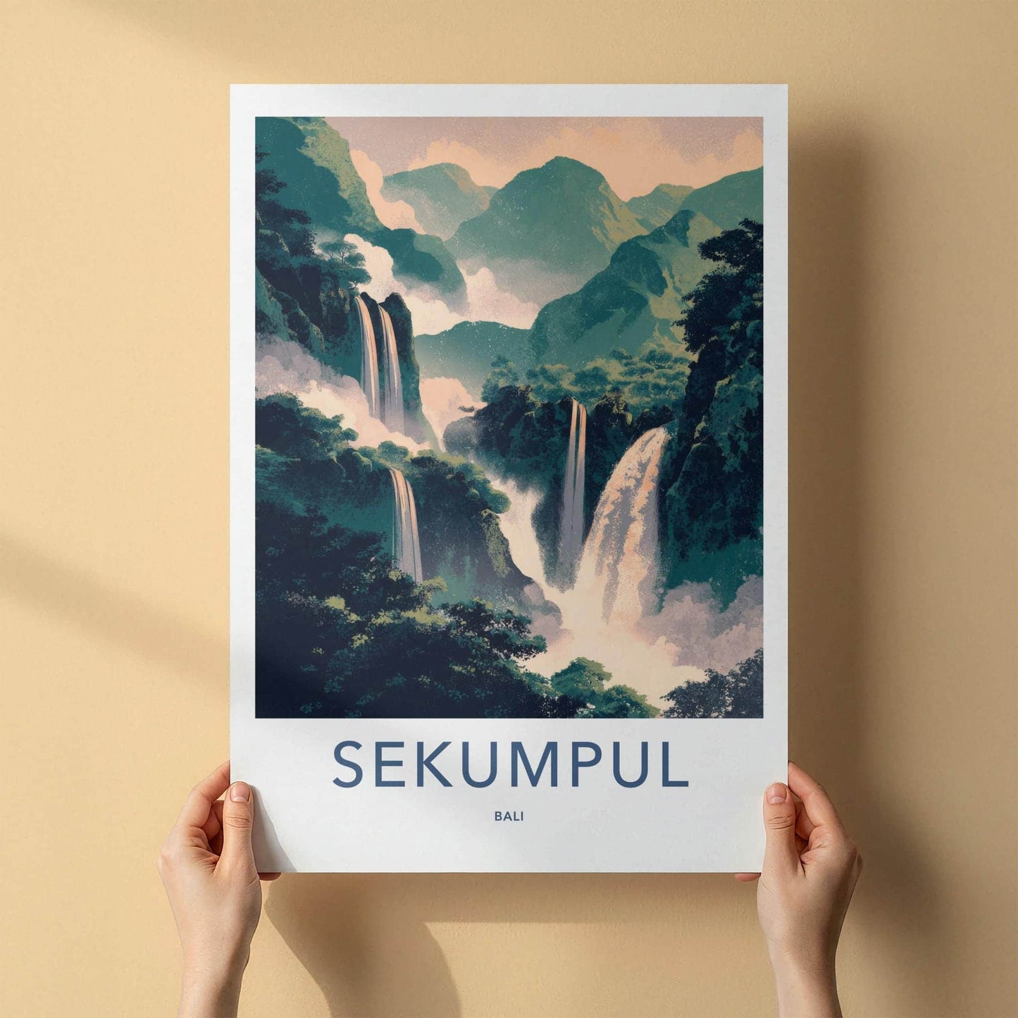 Sekumpul Poster - Indonesia Travel Art - Lush Mountain Waterfalls Wall Decor