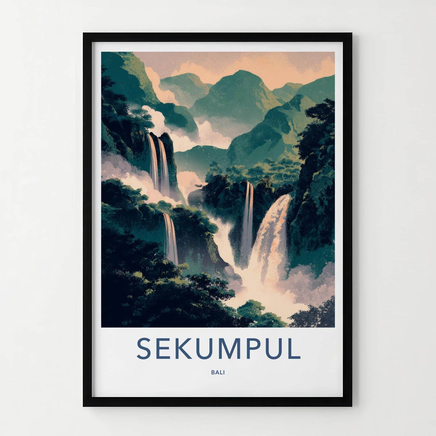 Sekumpul Poster - Indonesia Travel Art - Lush Mountain Waterfalls Wall Decor