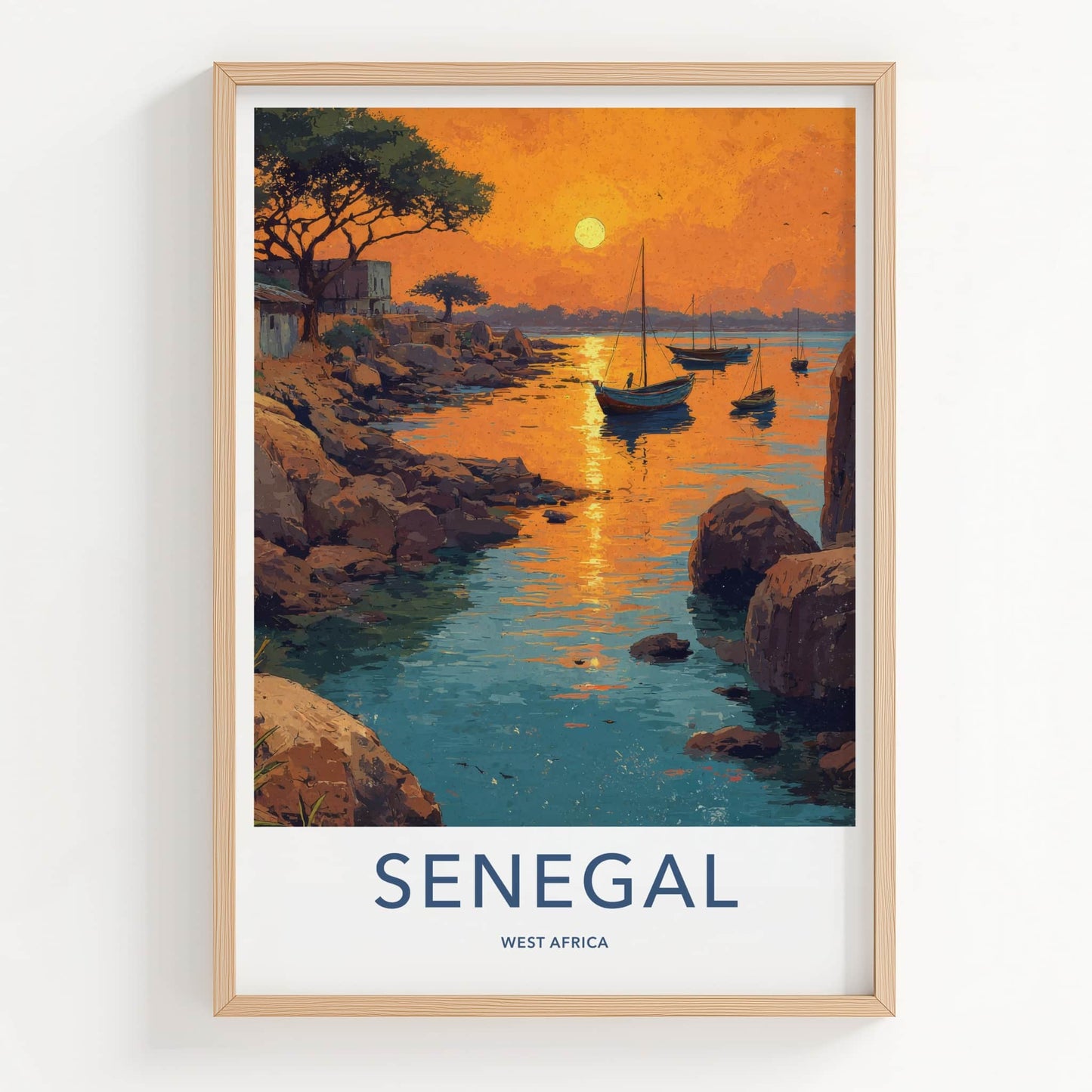 Senegal Poster - Africa Travel Art - Sunset Boats Rocky Home Decor
