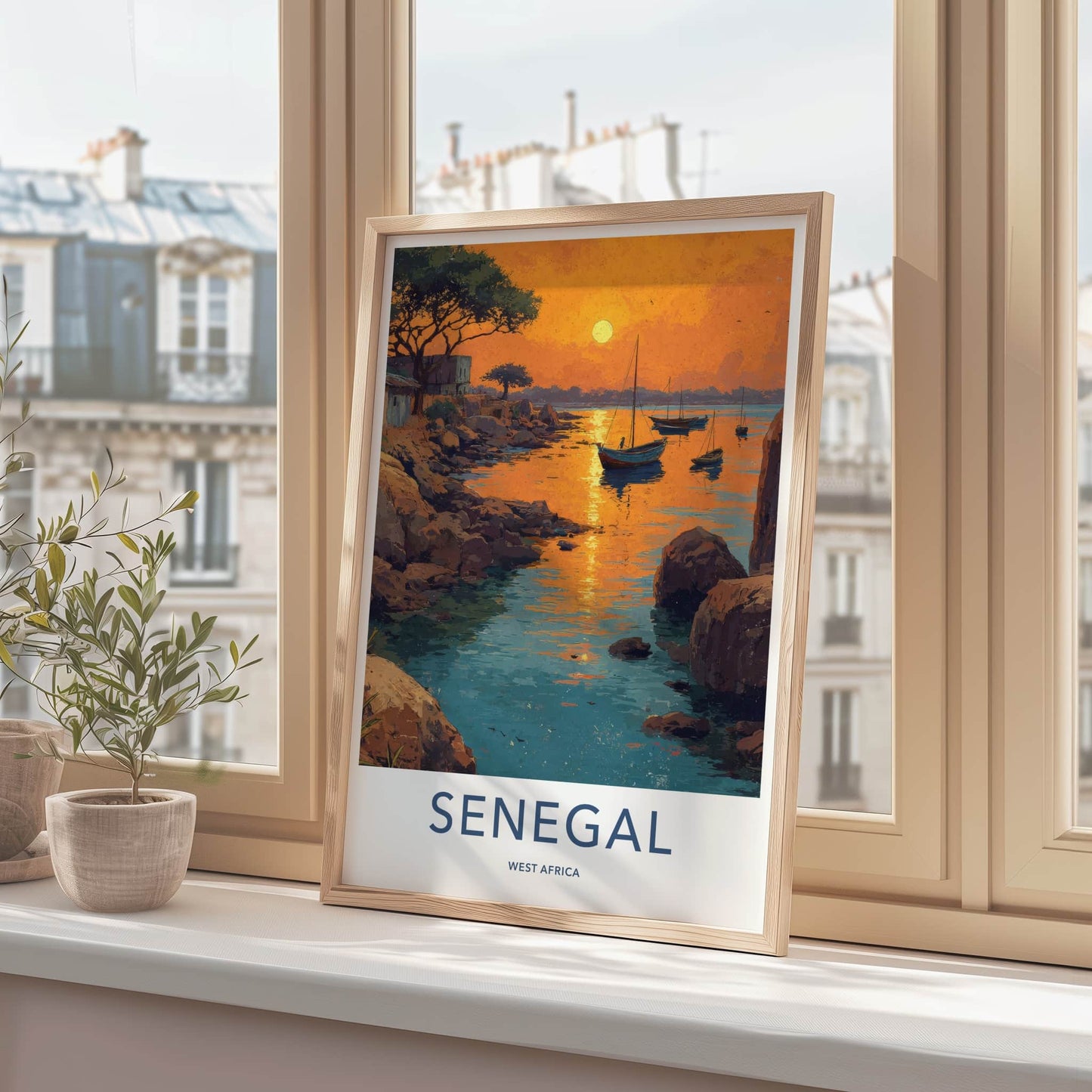 Senegal Poster - Africa Travel Art - Sunset Boats Rocky Home Decor