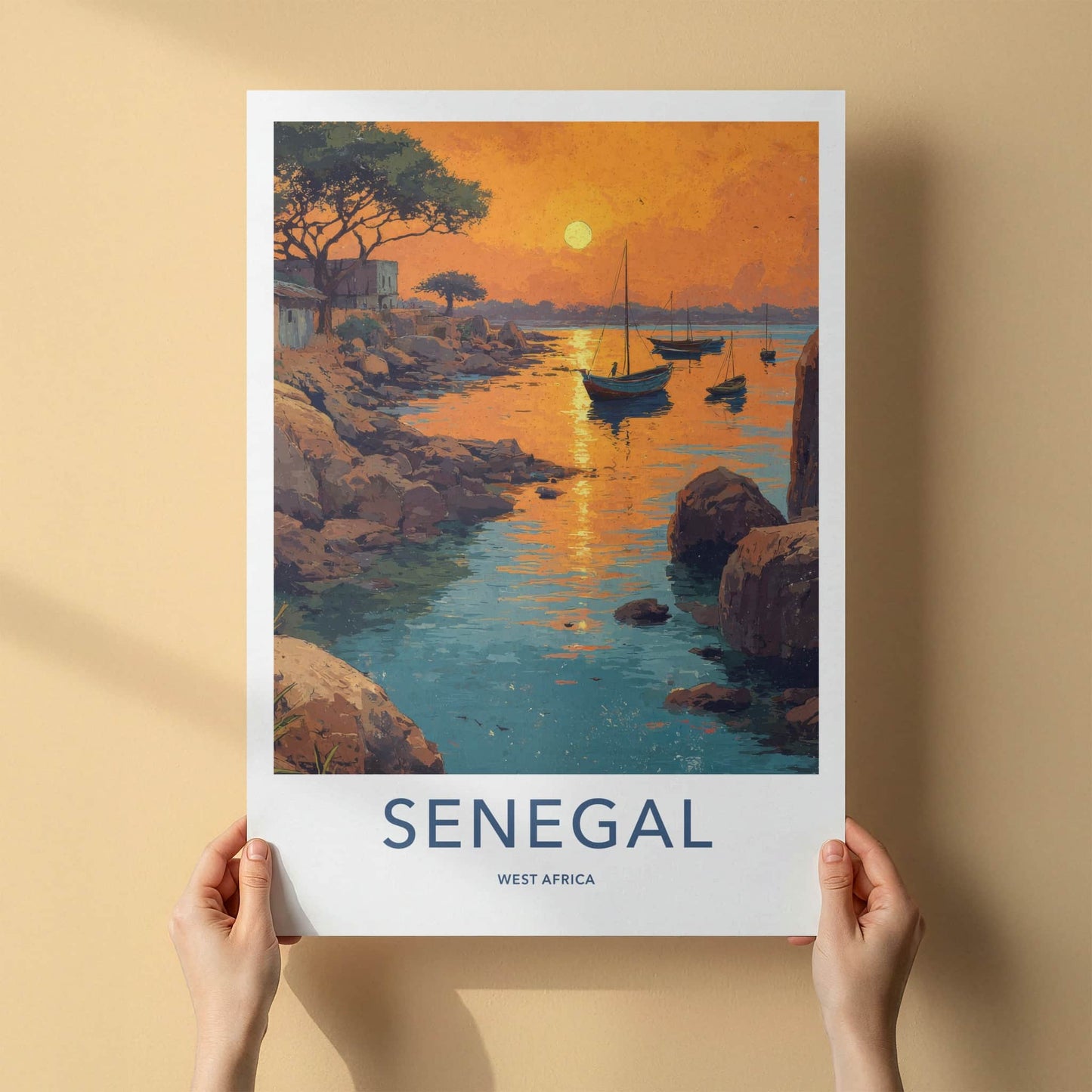 Senegal Poster - Africa Travel Art - Sunset Boats Rocky Home Decor