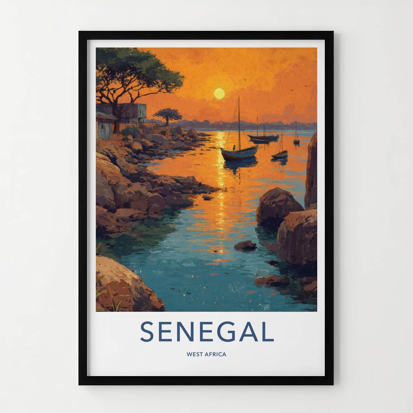 Senegal Poster - Africa Travel Art - Sunset Boats Rocky Home Decor