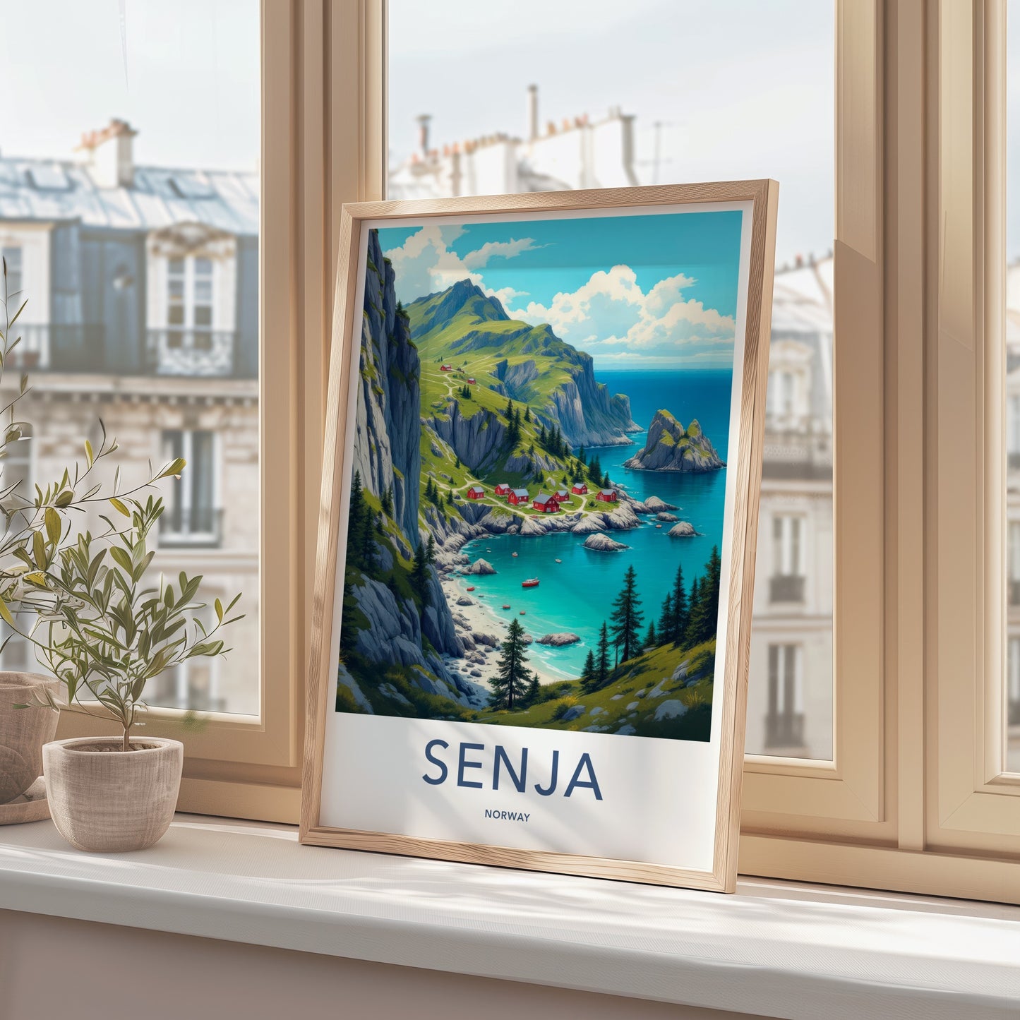 Senja Poster - Norway Fine Art - Coastal Red Houses Framed Decor