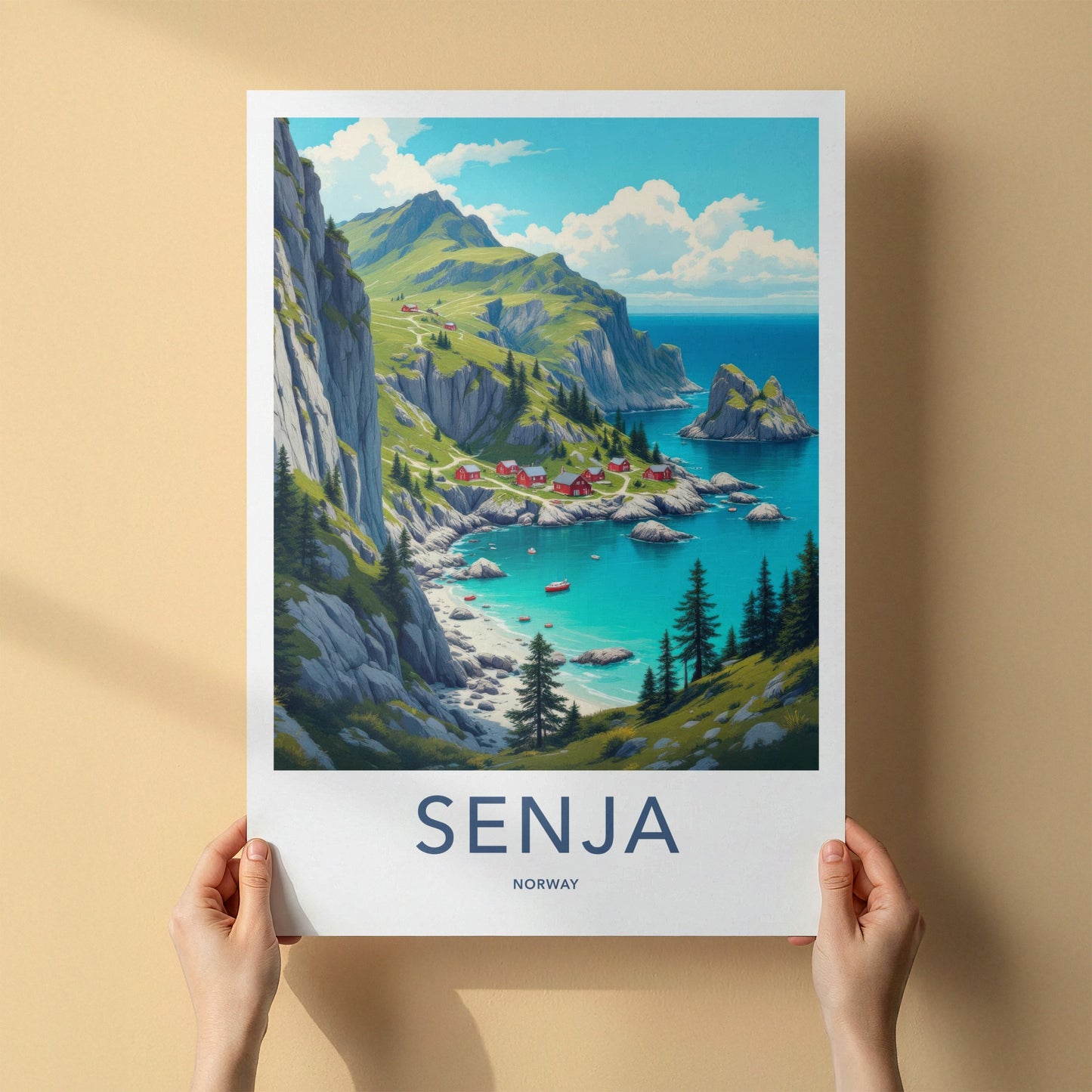 Senja Poster - Norway Fine Art - Coastal Red Houses Framed Decor