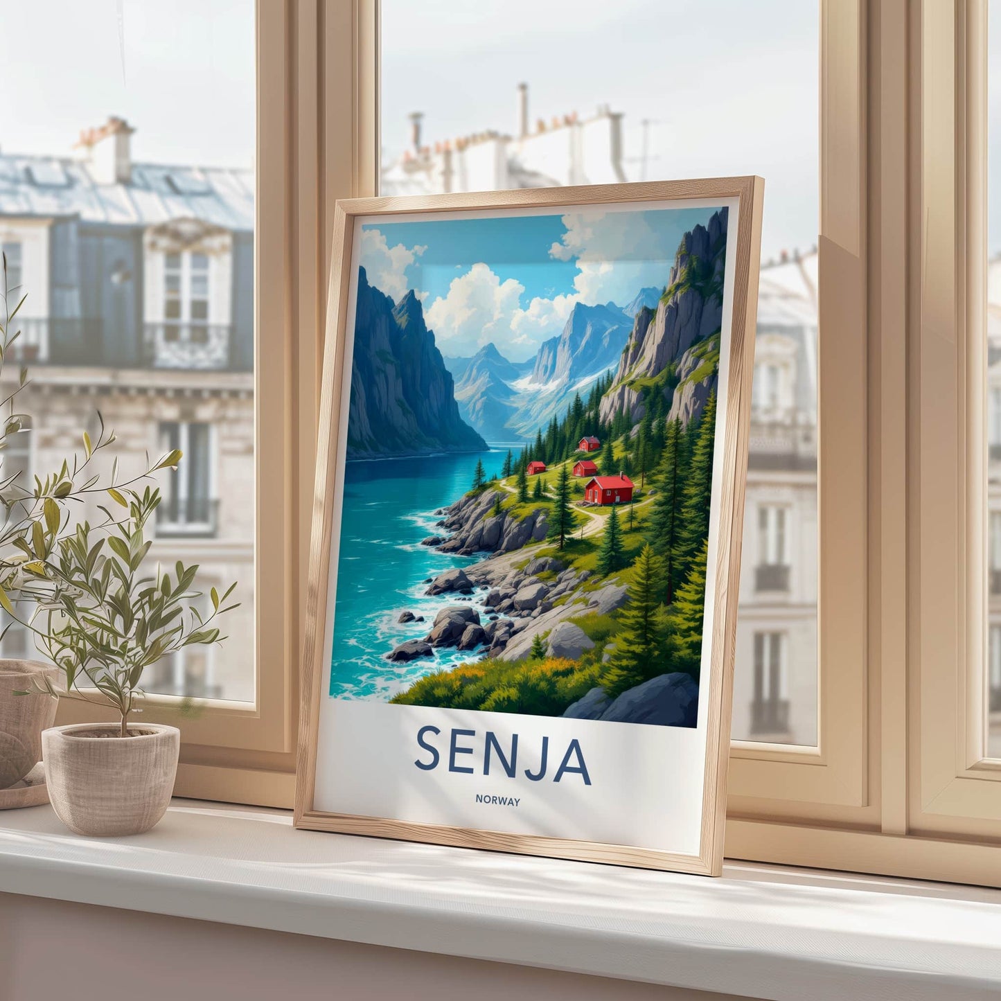 Senja Poster - Norway Travel Art - Fjord Mountain Redcabins Home Decor