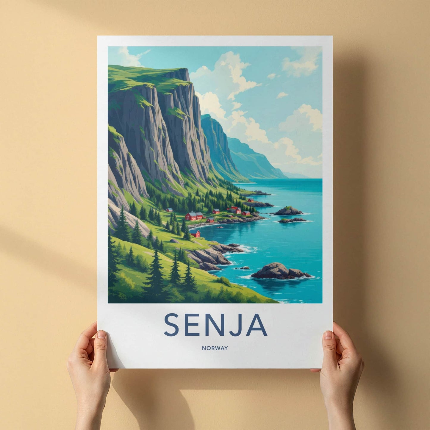 SENJA Poster - Norway Travel Art - Steep Cliffs Coastal Homes Home Decor