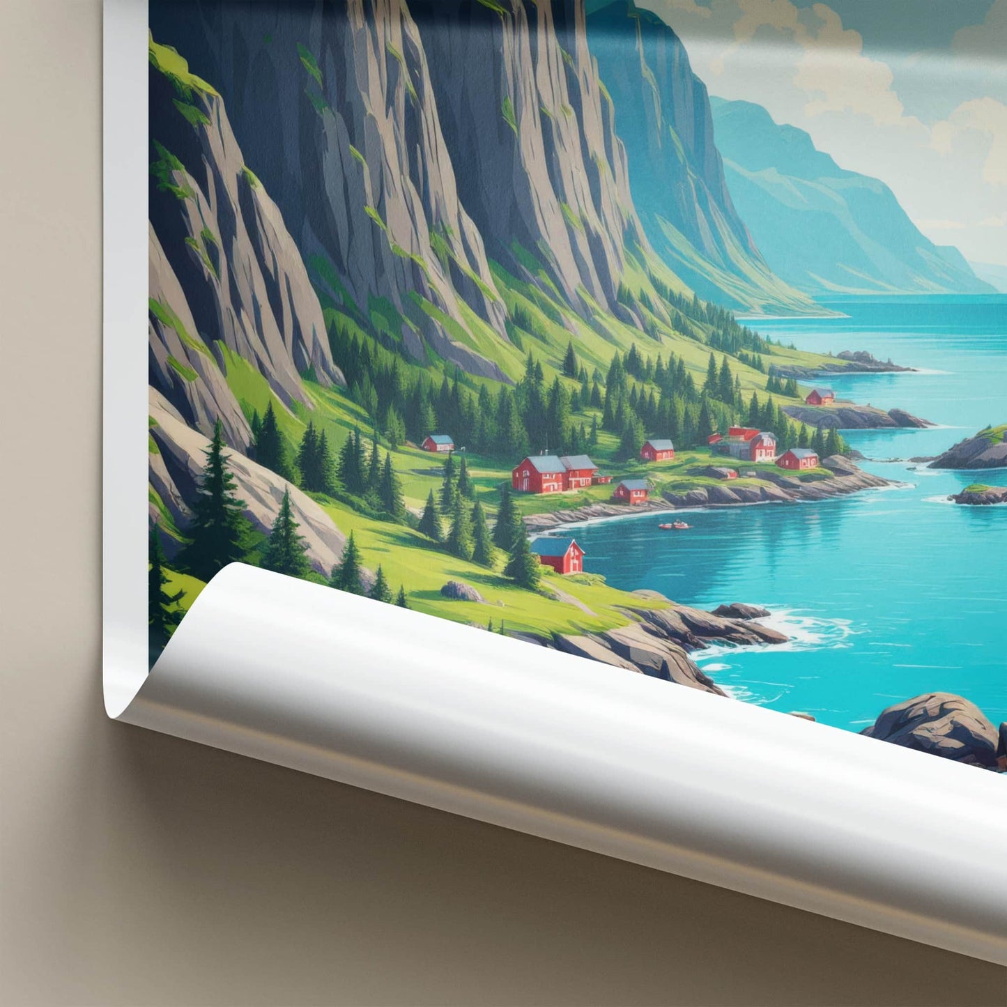 SENJA Poster - Norway Travel Art - Steep Cliffs Coastal Homes Home Decor