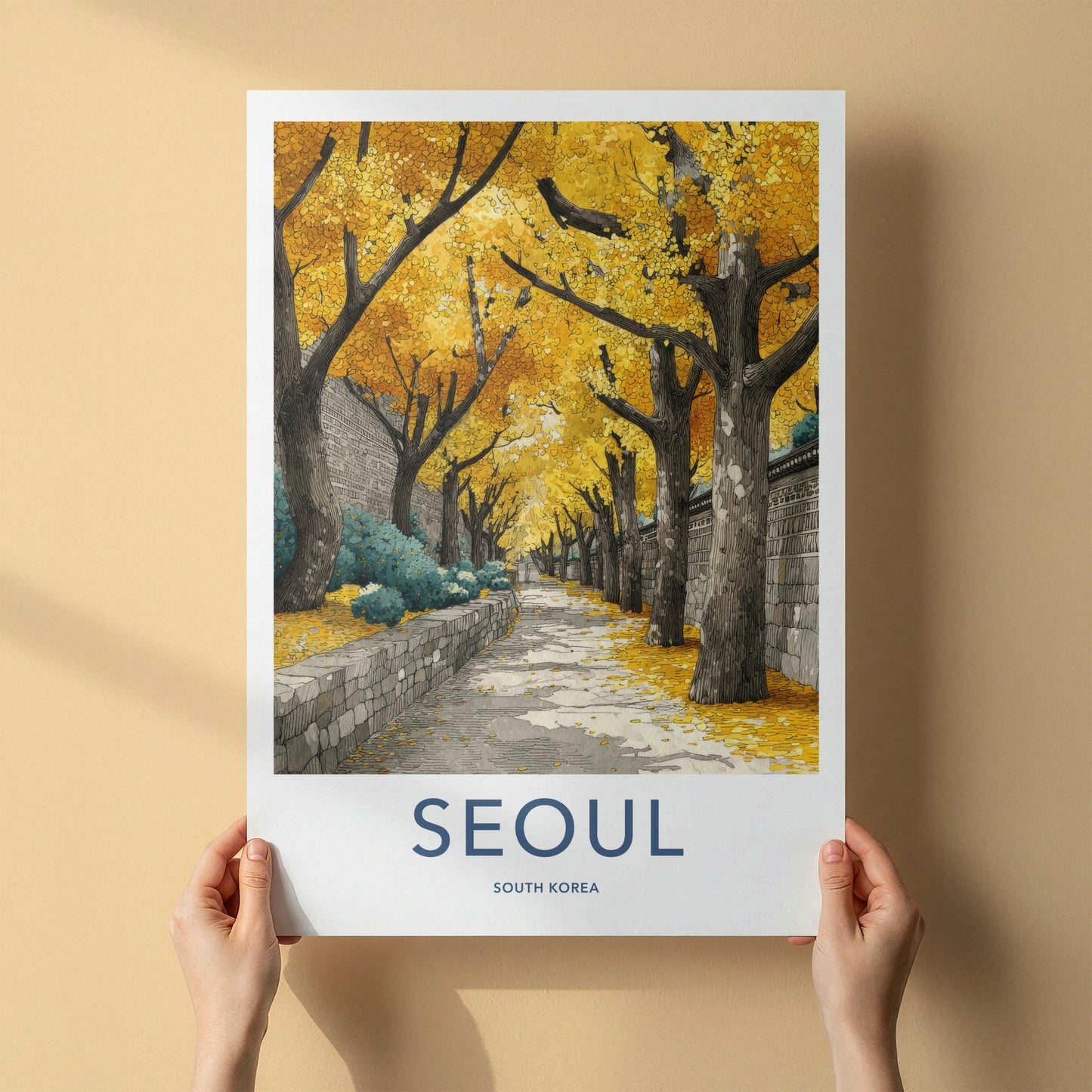 Seoul Poster - South Korea Travel Art - Golden Autumn Pathway Home Decor