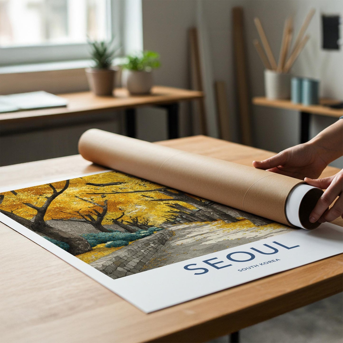 Seoul Poster - South Korea Travel Art - Golden Autumn Pathway Home Decor