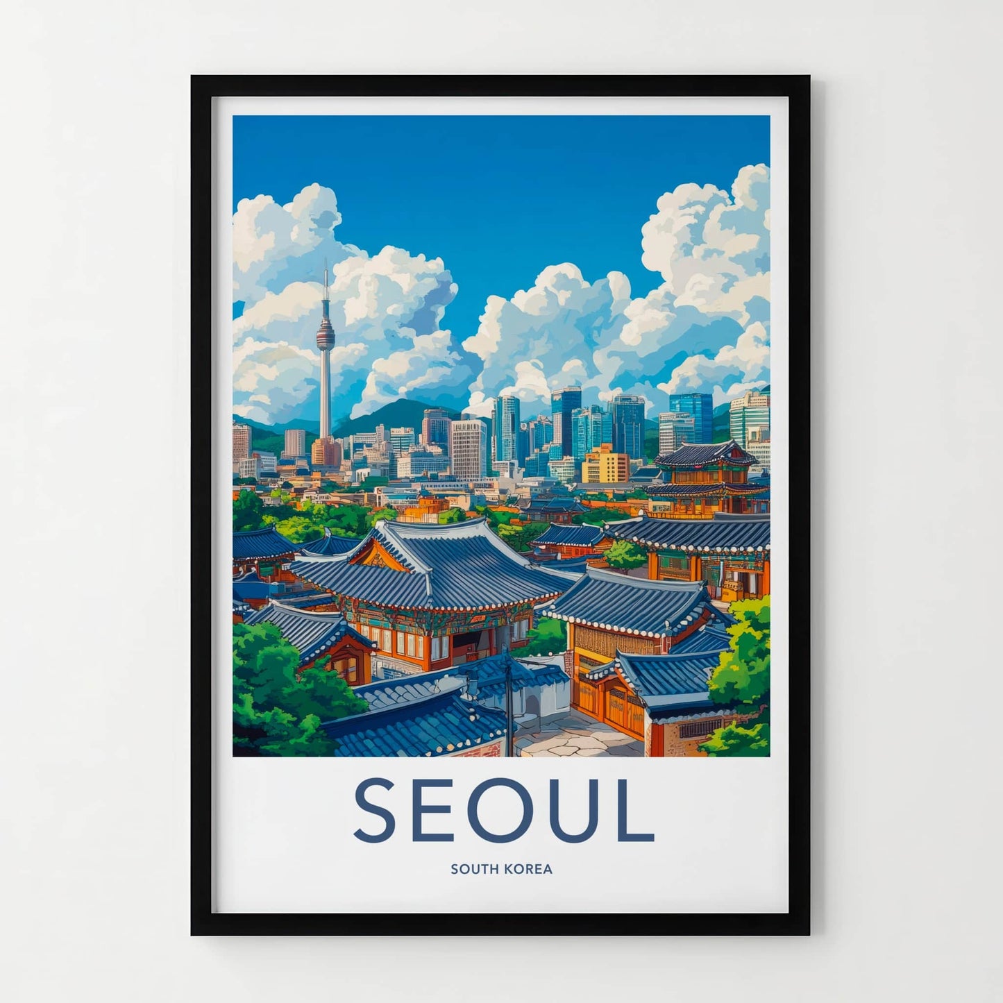 Seoul Poster - South Korea Travel Art - Hanok Tower City Home Decor