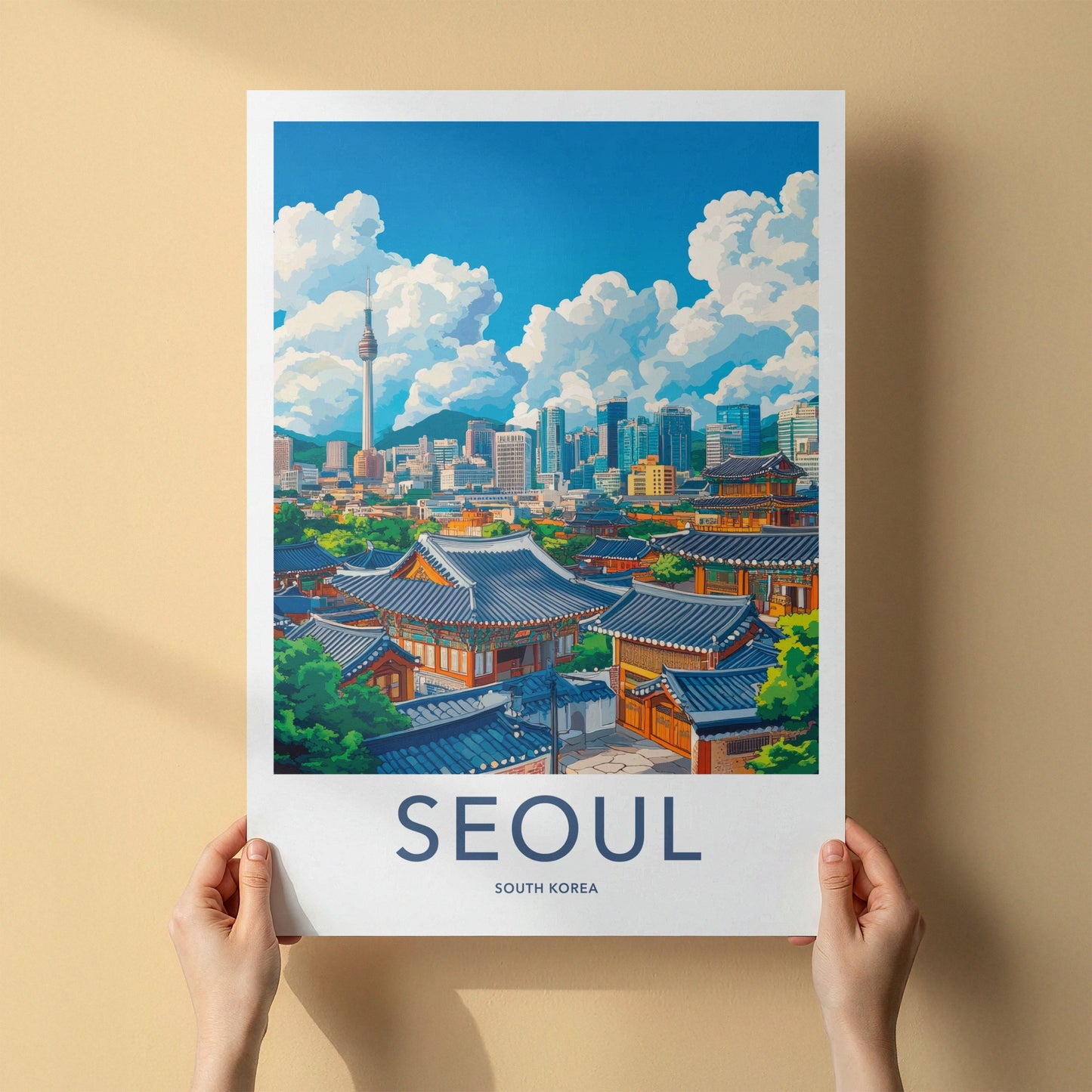 Seoul Poster - South Korea Travel Art - Hanok Tower City Home Decor