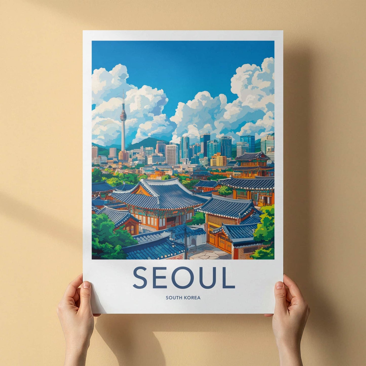 Seoul Poster - South Korea Travel Art - Hanok Tower City Home Decor