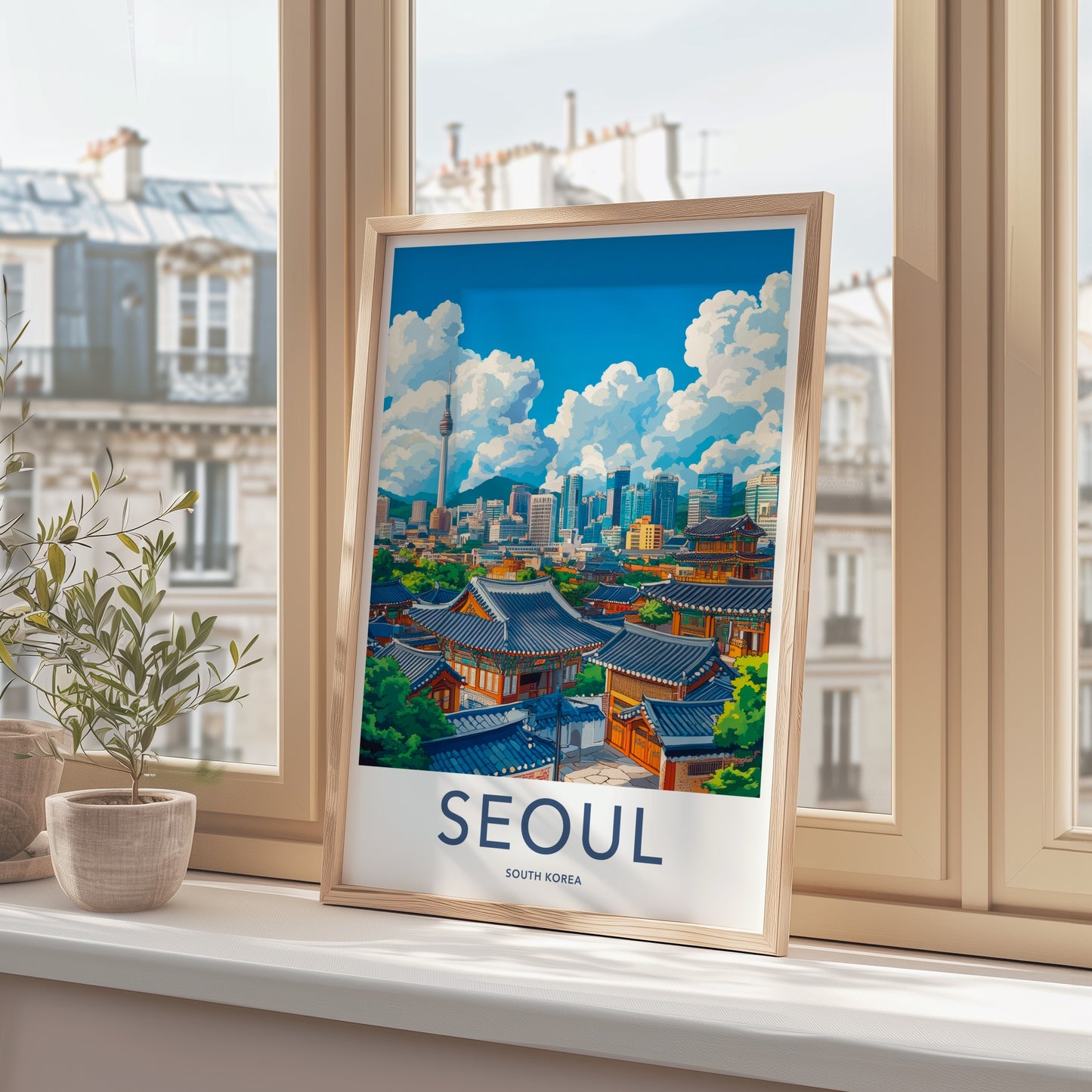 Seoul Poster - South Korea Travel Art - Hanok Tower City Home Decor