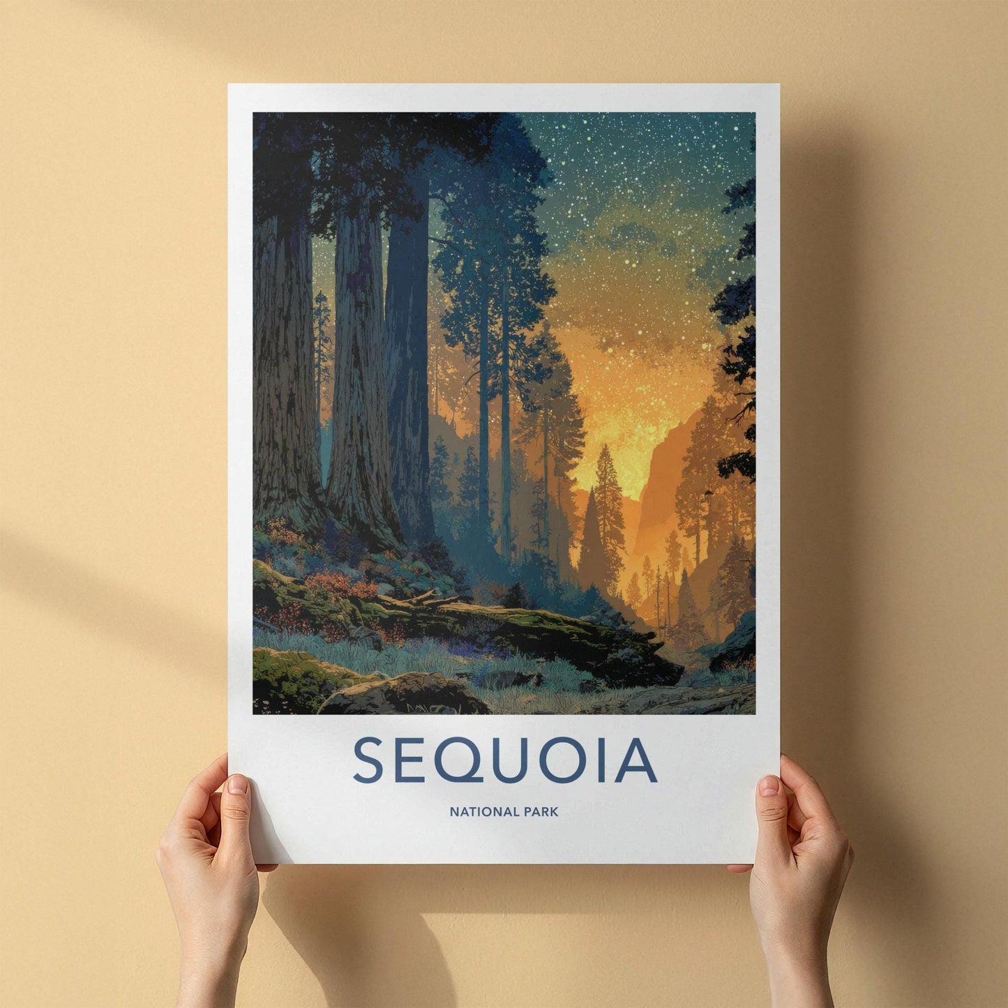 Sequoia National Park Poster - California Travel Art - Giant Trees Starry Glow Home Decor
