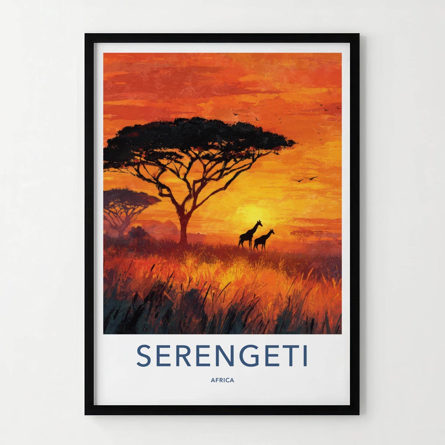 Serengeti Poster - Africa Travel Art - Orange Sunset Giraffes Home Decor