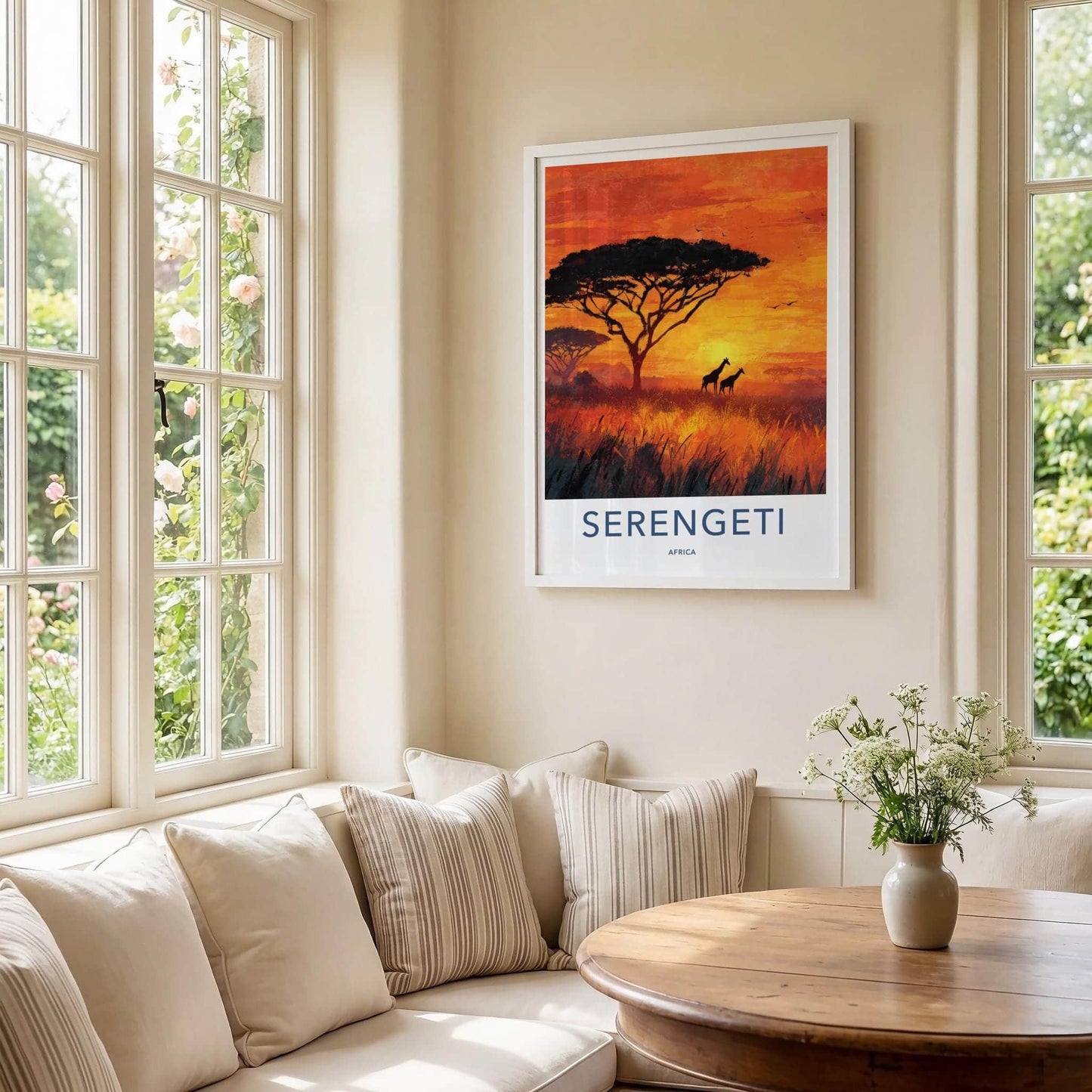 Serengeti Poster - Africa Travel Art - Orange Sunset Giraffes Home Decor