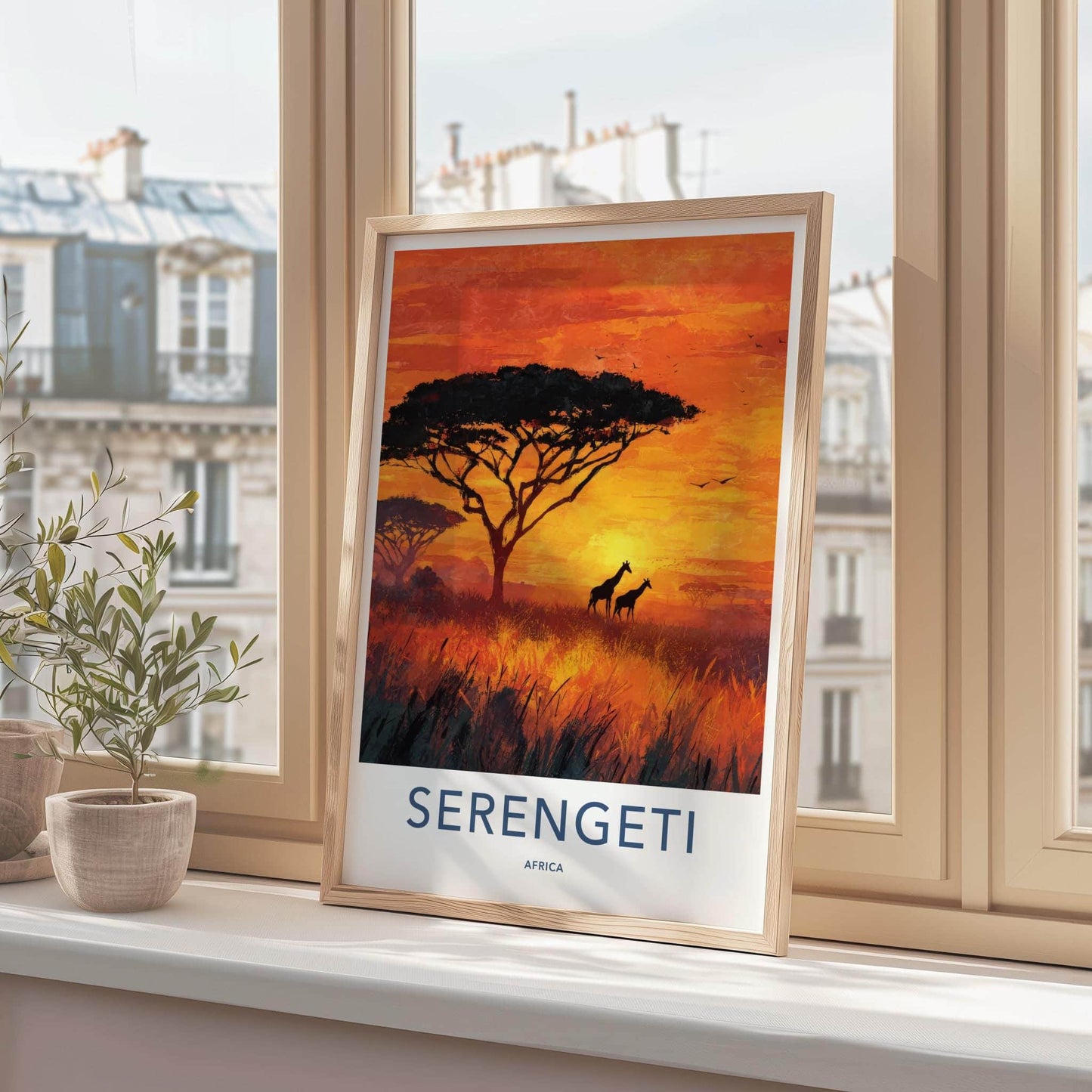 Serengeti Poster - Africa Travel Art - Orange Sunset Giraffes Home Decor