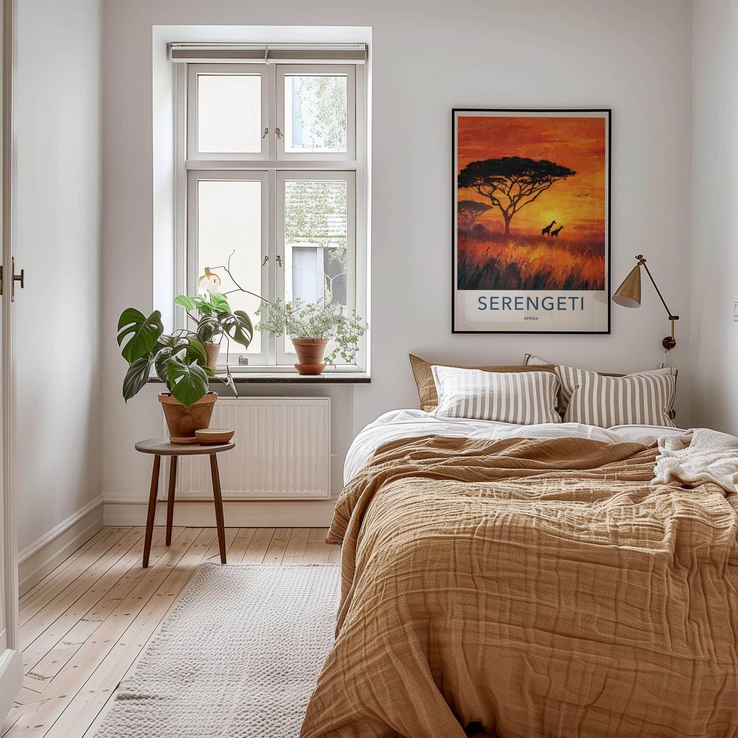 Serengeti Poster - Africa Travel Art - Orange Sunset Giraffes Home Decor