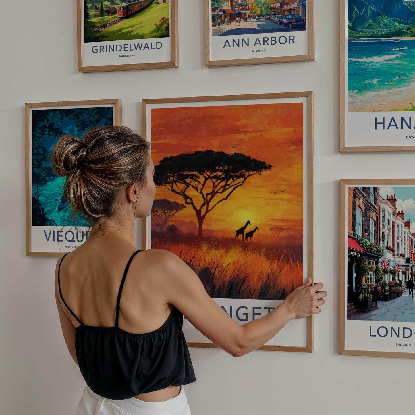 Serengeti Poster - Africa Travel Art - Orange Sunset Giraffes Home Decor