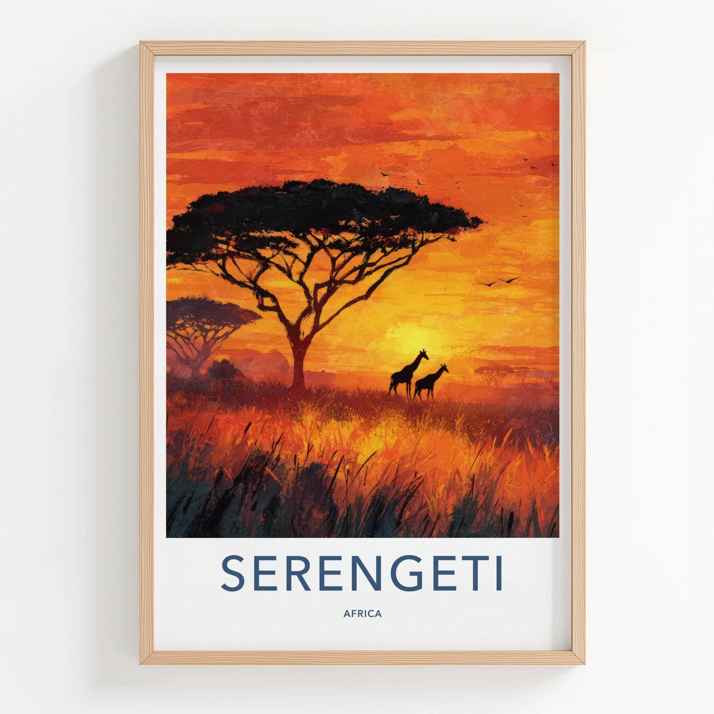 Serengeti Poster - Africa Travel Art - Orange Sunset Giraffes Home Decor