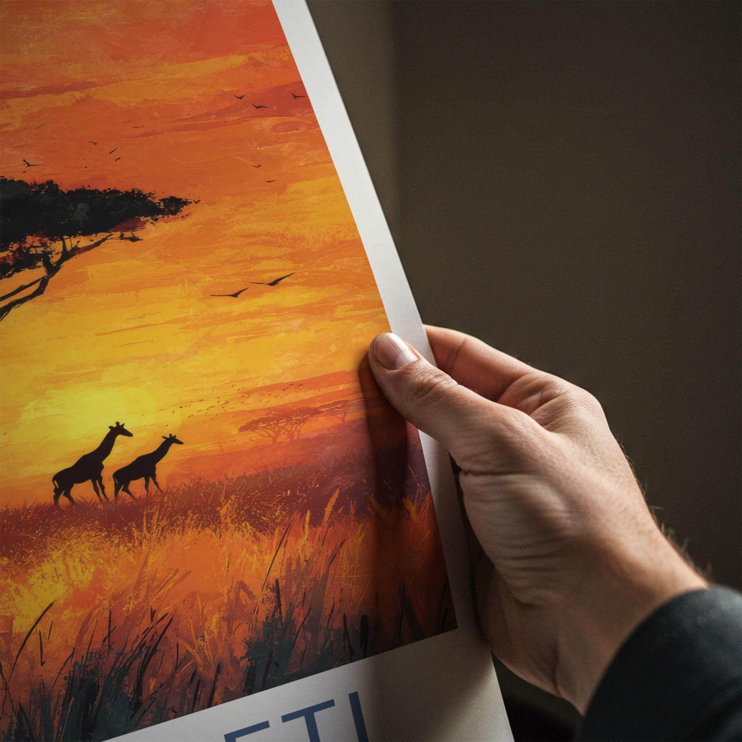 Serengeti Poster - Africa Travel Art - Orange Sunset Giraffes Home Decor