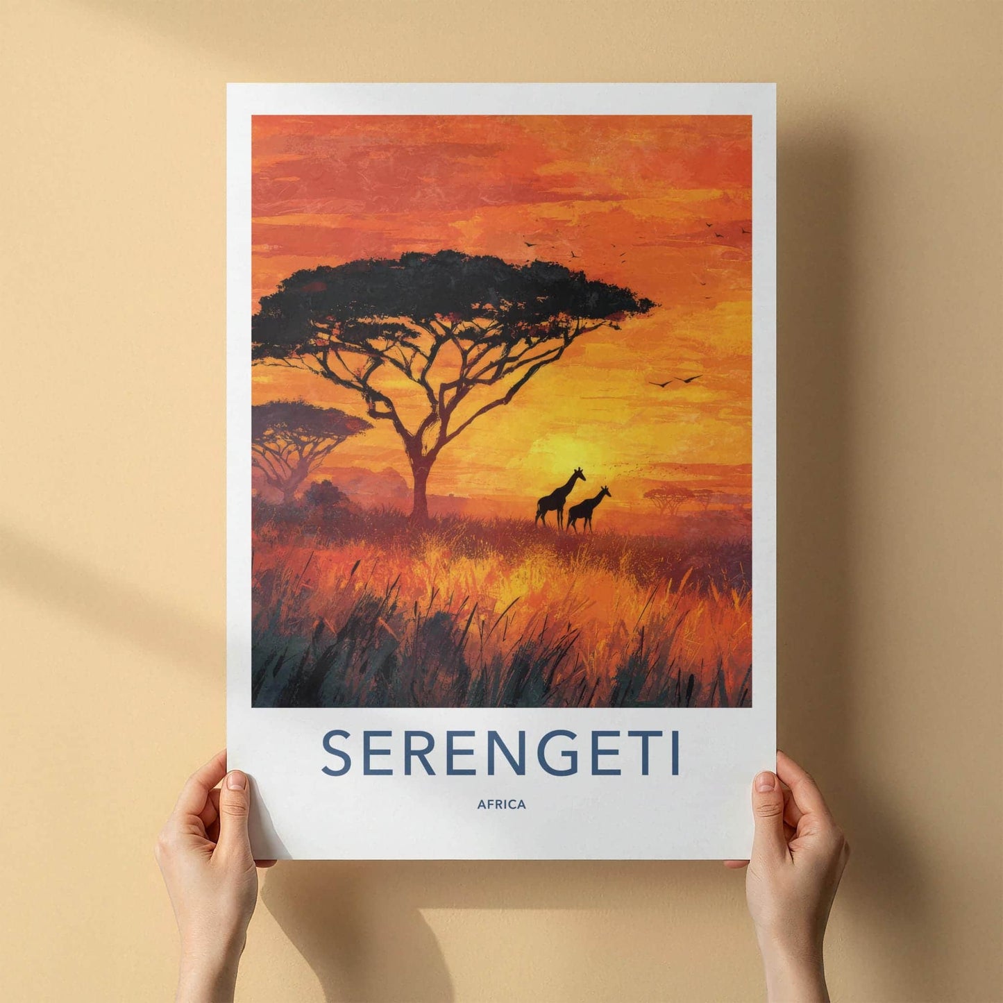 Serengeti Poster - Africa Travel Art - Orange Sunset Giraffes Home Decor