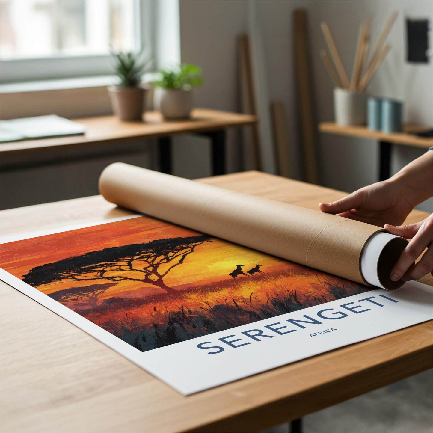 Serengeti Poster - Africa Travel Art - Orange Sunset Giraffes Home Decor