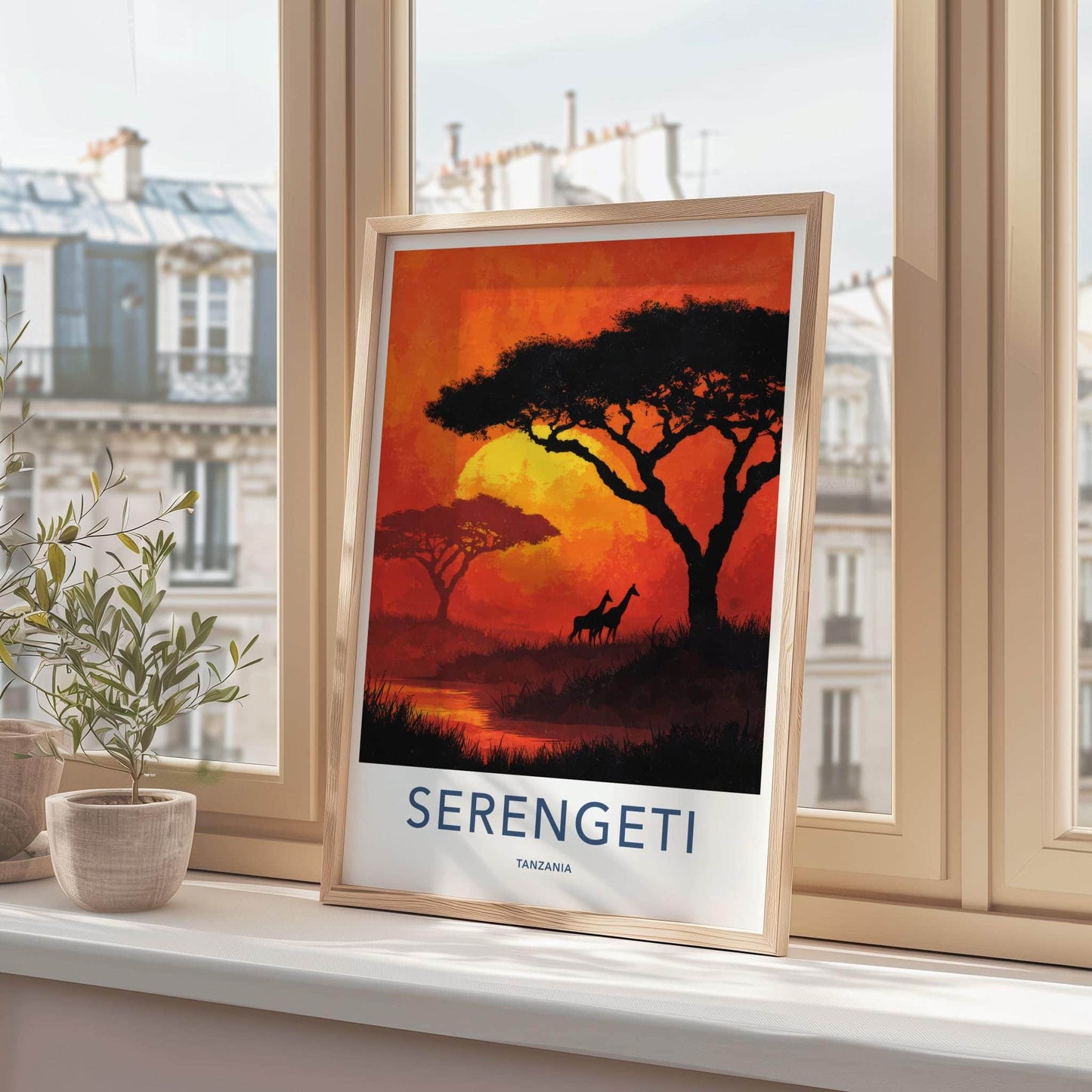 Serengeti Poster - Tanzania Travel Art - Acacia Giraffe Sunset Home Decor