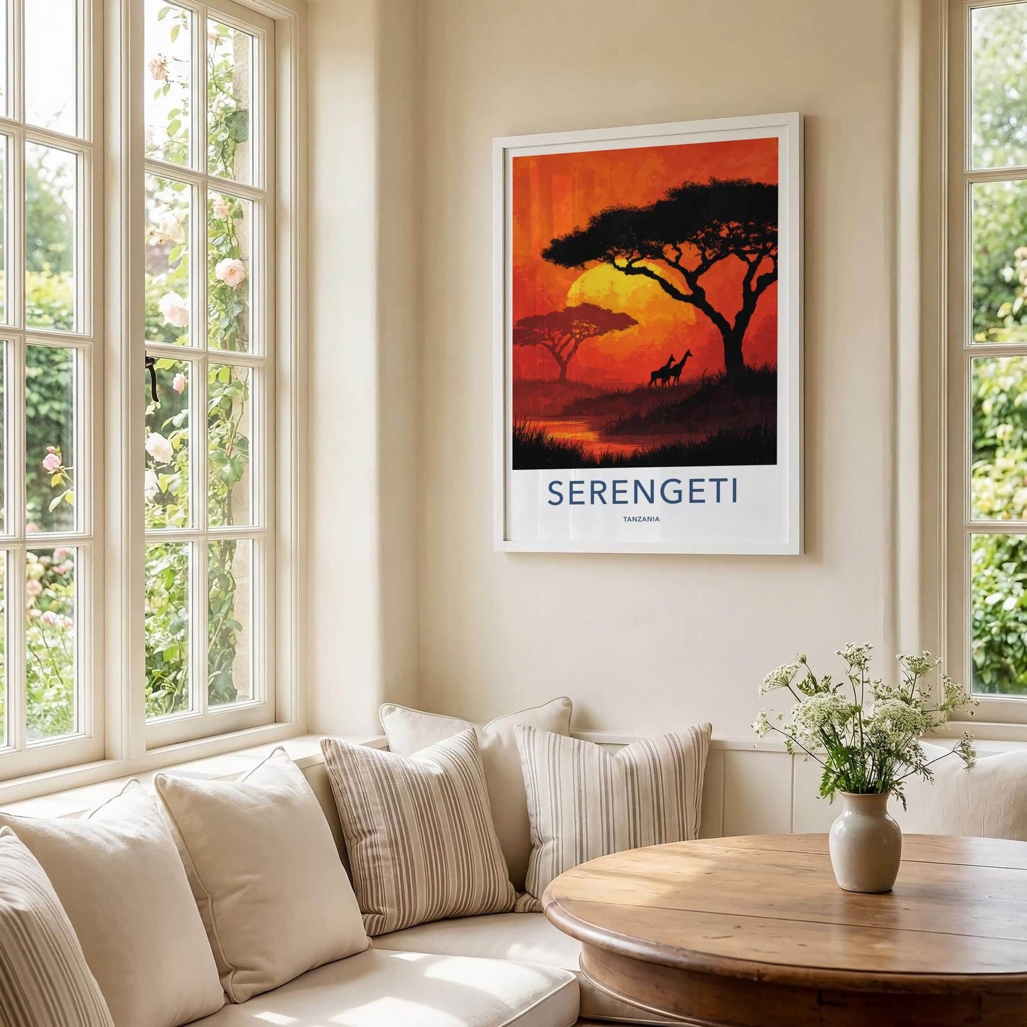 Serengeti Poster - Tanzania Travel Art - Acacia Giraffe Sunset Home Decor