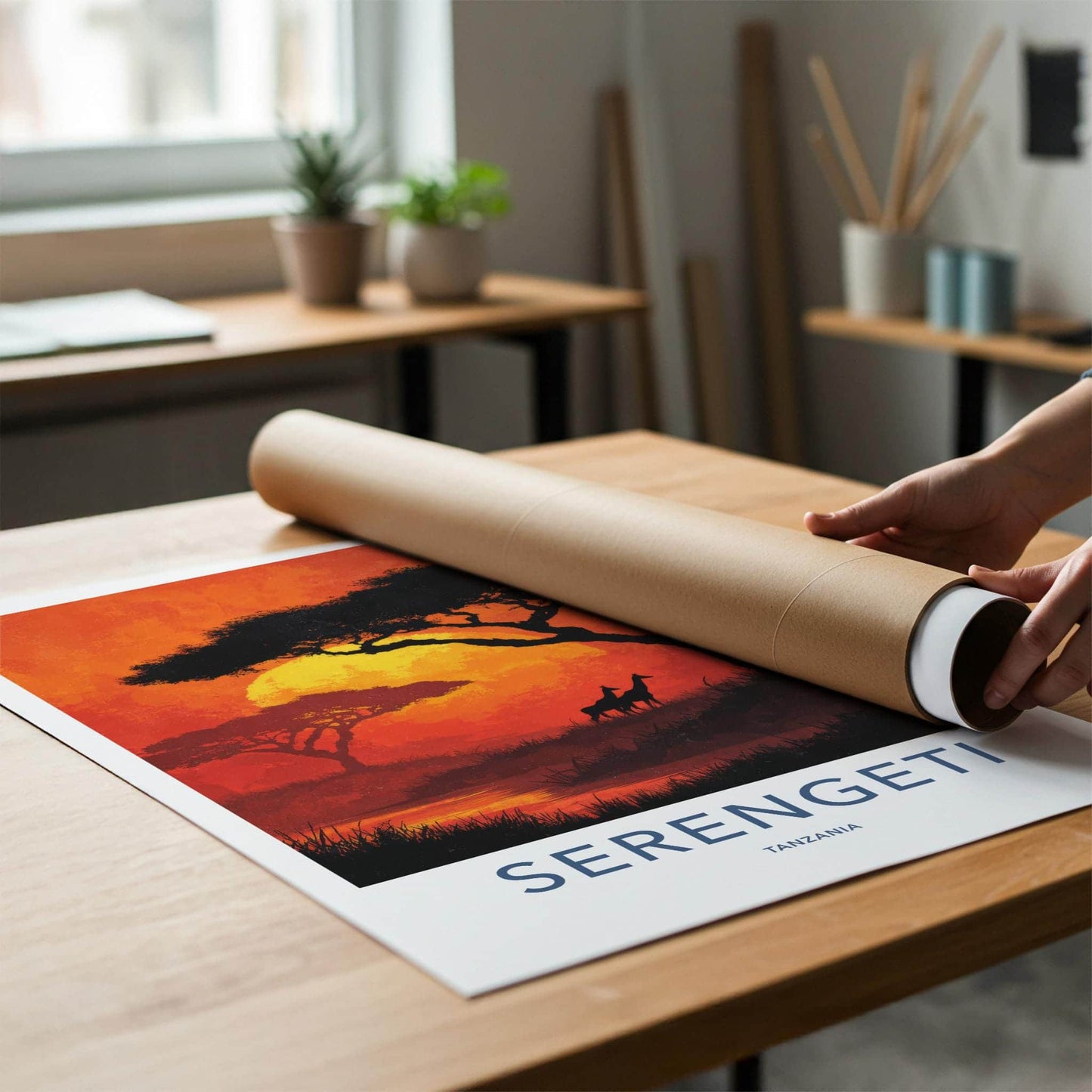 Serengeti Poster - Tanzania Travel Art - Acacia Giraffe Sunset Home Decor