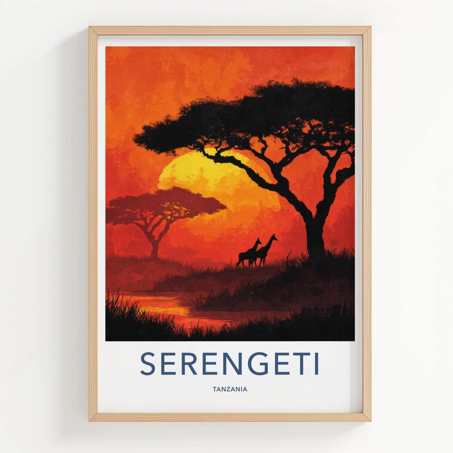 Serengeti Poster - Tanzania Travel Art - Acacia Giraffe Sunset Home Decor