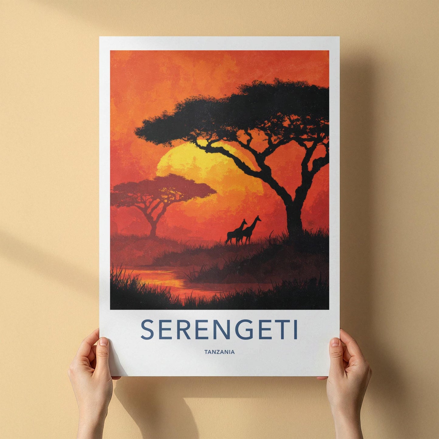 Serengeti Poster - Tanzania Travel Art - Acacia Giraffe Sunset Home Decor