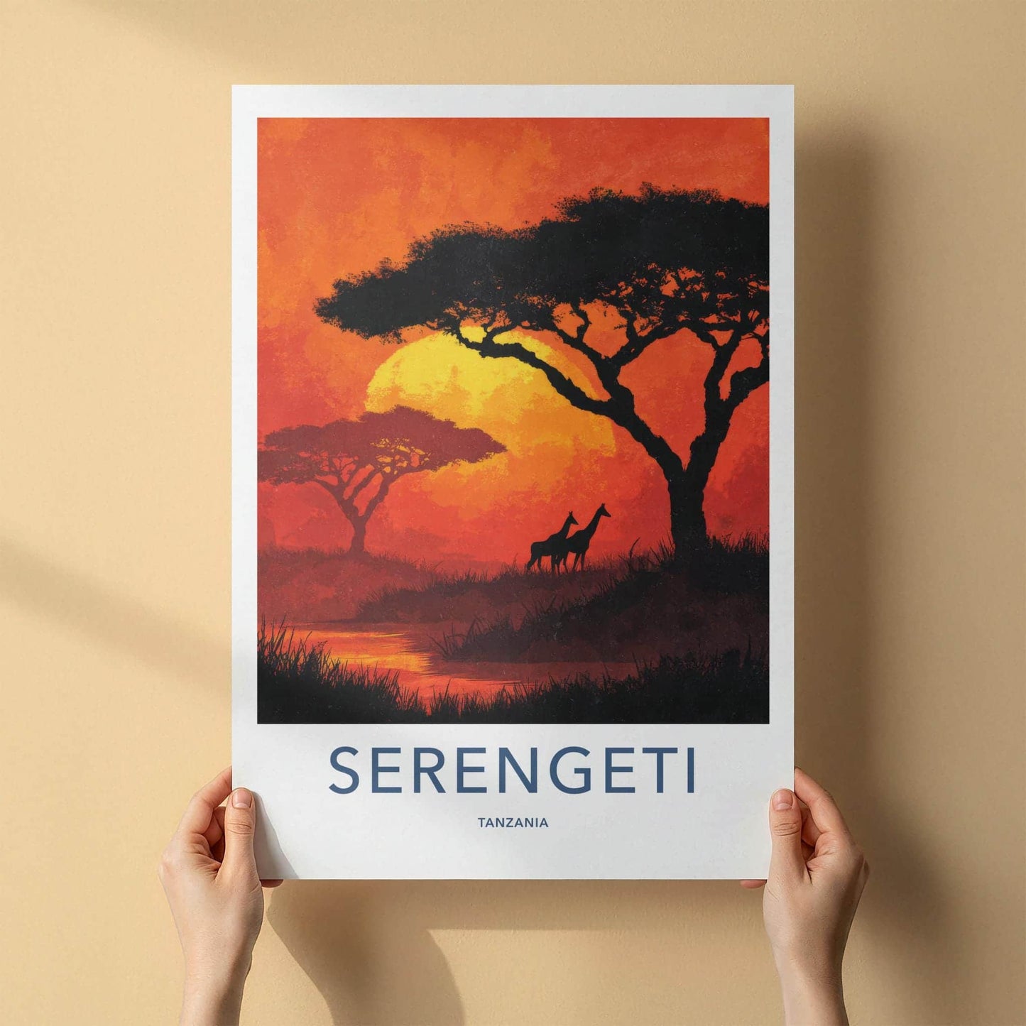 Serengeti Poster - Tanzania Travel Art - Acacia Giraffe Sunset Home Decor